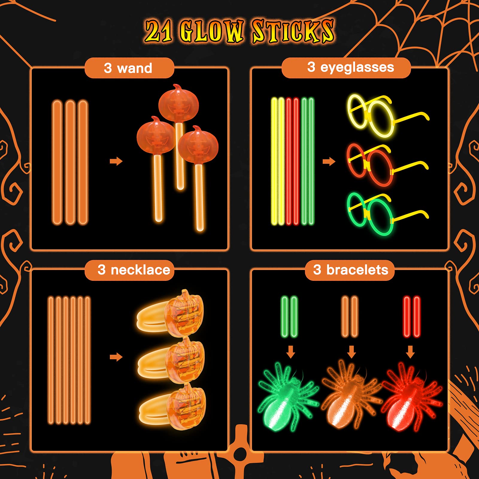 BainGesk Halloween Glow Sticks, Pumpkin Set Party Gift for Kid, 36pk Glow in the Dark Party Favor, Trick or Treat Party Decoration with 3 Fake Bugs, 3 Pumpkin Wand, 3 Pumpkin Bracelets, 3 Glasses
