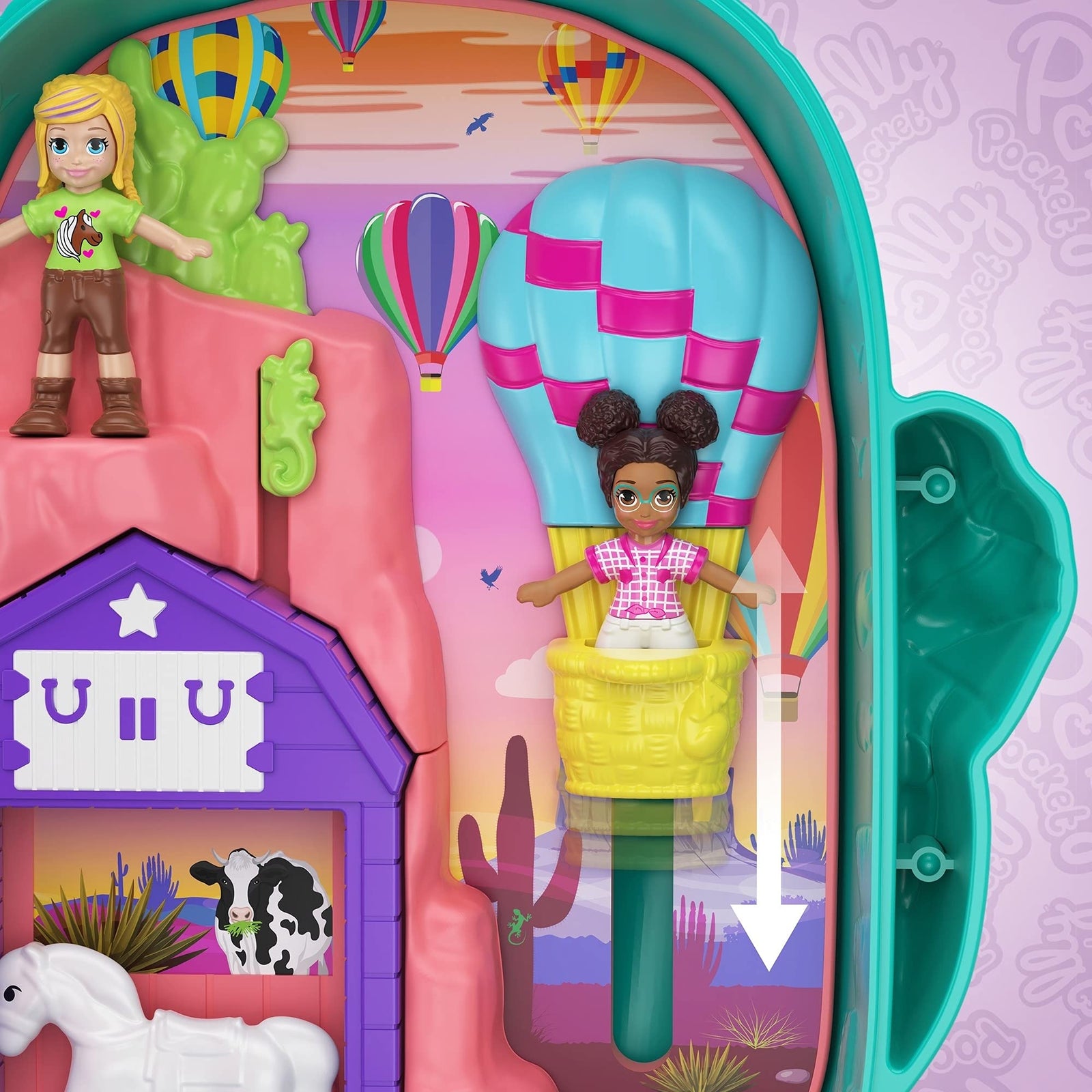 Polly Pocket Pocket World Cactus Cowgirl Ranch Compact with Fun Reveals, Micro Polly and Shani Dolls, 2 Horse Figures and Sticker Sheet for Ages 4 and Up [Amazon Exclusive]
