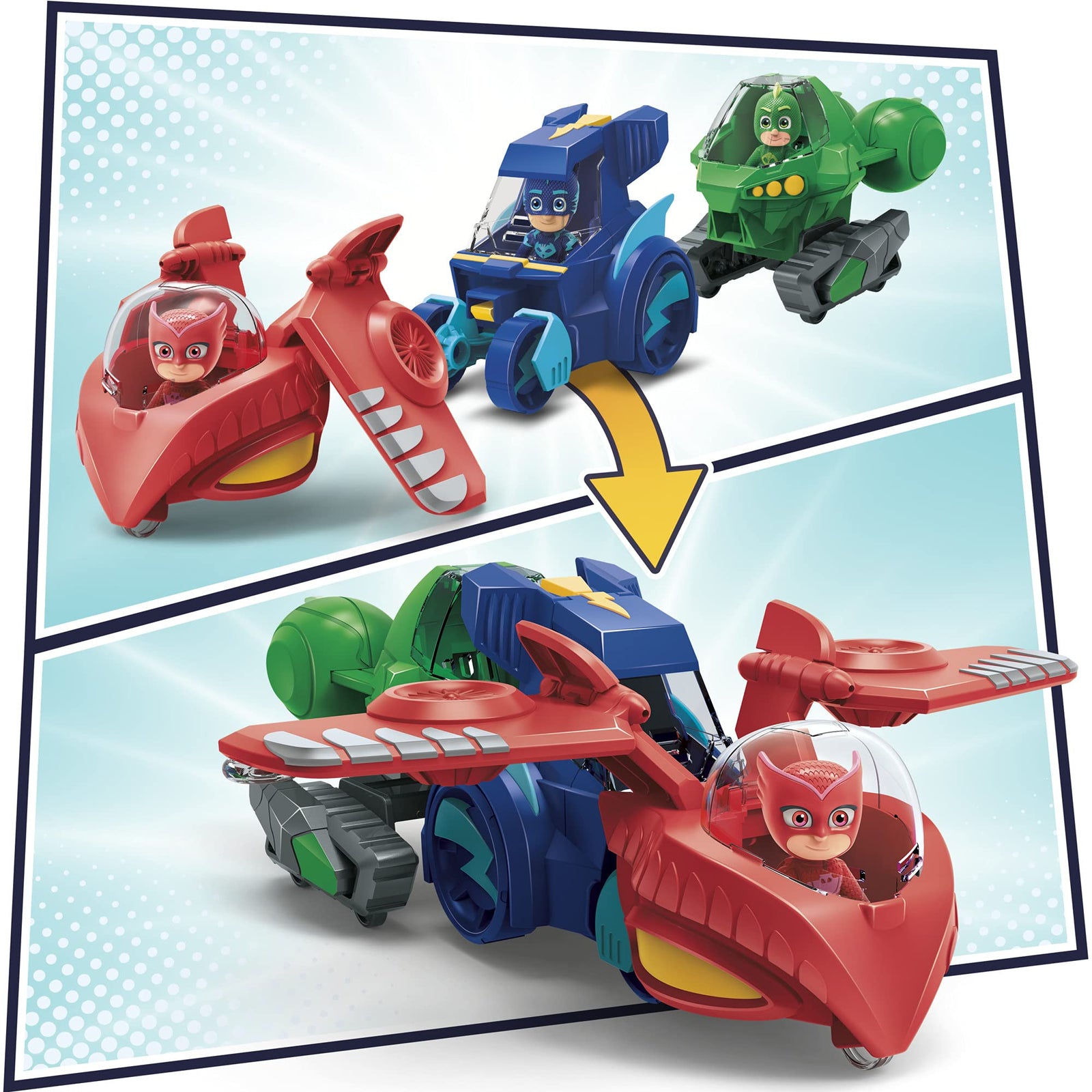 PJ Masks 3-in-1 Combiner Jet Preschool Toy, Toy Set with 3 Connecting Cars and 3 Action Figures for Kids Ages 3 and Up