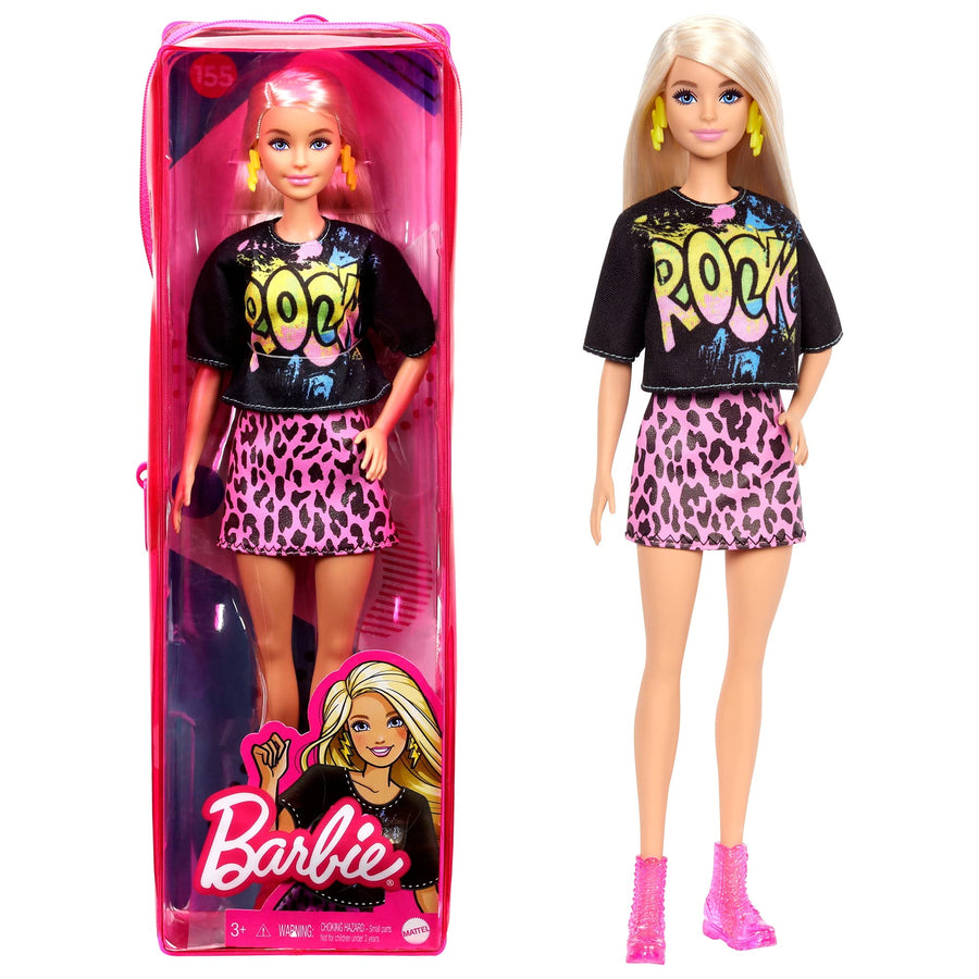 Barbie Fashionistas Doll #155 with Long Blonde Hair Wearing “Rock” Graphic T-Shirt, Animal-Print Skirt, Pink Booties & Earrings, Toy for Kids 3 to 8 Years Old