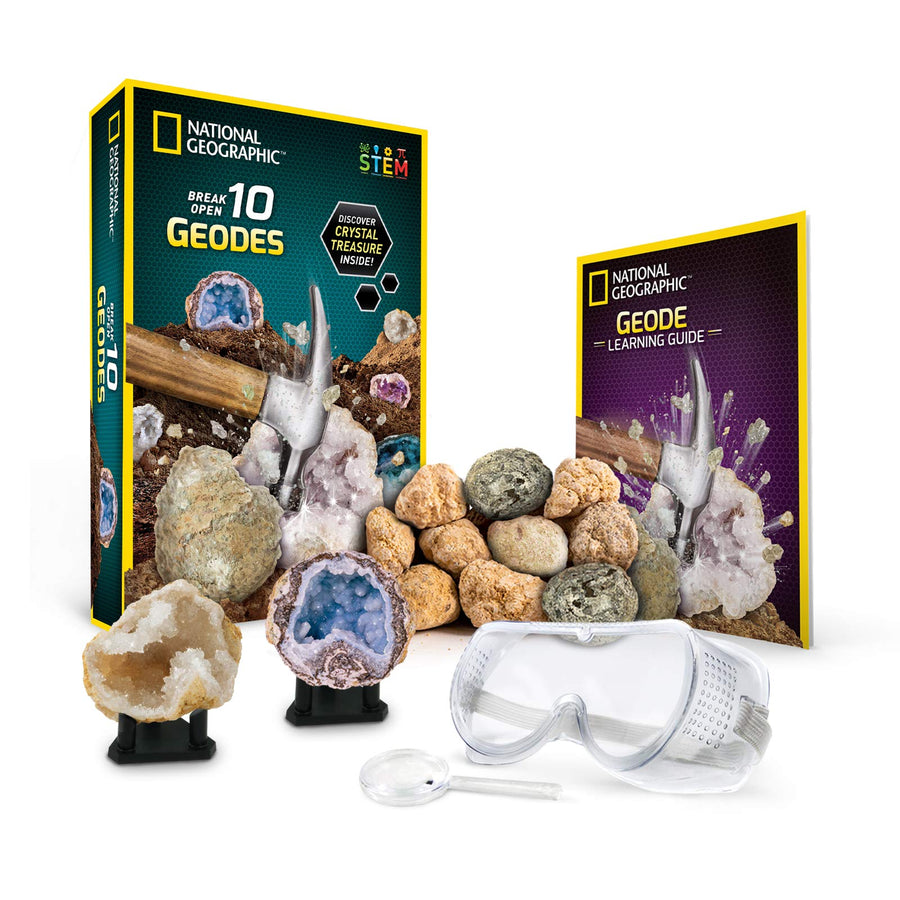 NATIONAL GEOGRAPHIC Break Open 10 Premium Geodes – Includes Goggles, Detailed Learning Guide & 2 Display Stands - Great STEM Science Gift for Mineralogy & Geology Enthusiasts of Any Age