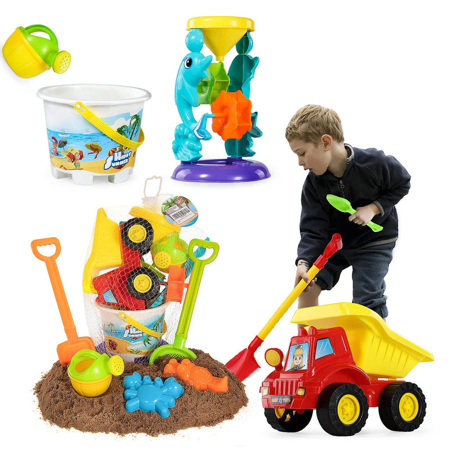 TEMI Beach Sand Toys for 3 4 5 6 7 Year Old Boys w/ Water Wheel, Dump Truck, Bucket, Shovels, Rakes, Watering Can, Molds, Outdoor Tool Kit for Kids, Toddlers, Boys and Girls