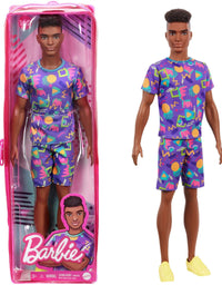 Barbie Ken Fashionistas Doll #162 with Rooted Brunette Hair Wearing Graphic Purple Top, Shorts & Yellow Shoes, Toy for Kids 3 to 8 Years Old
