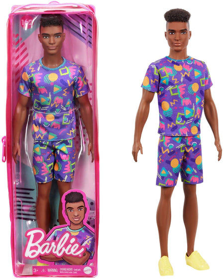 Barbie Ken Fashionistas Doll #162 with Rooted Brunette Hair Wearing Graphic Purple Top, Shorts & Yellow Shoes, Toy for Kids 3 to 8 Years Old