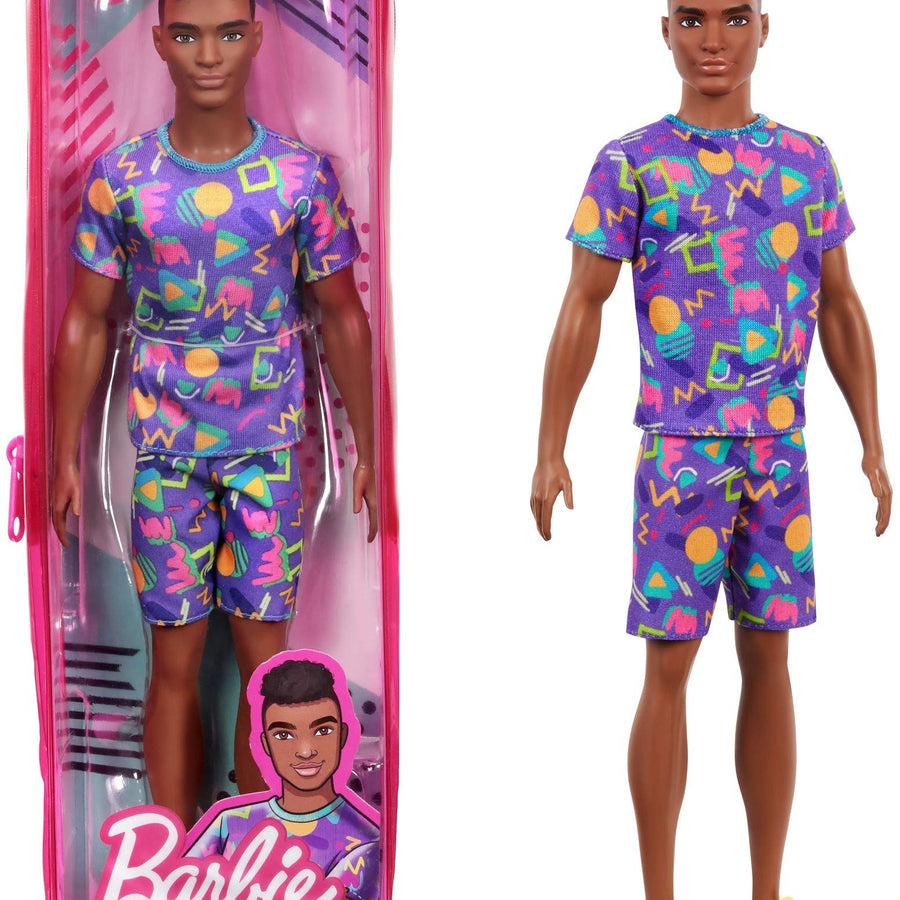 Barbie Ken Fashionistas Doll #162 with Rooted Brunette Hair Wearing Graphic Purple Top, Shorts & Yellow Shoes, Toy for Kids 3 to 8 Years Old