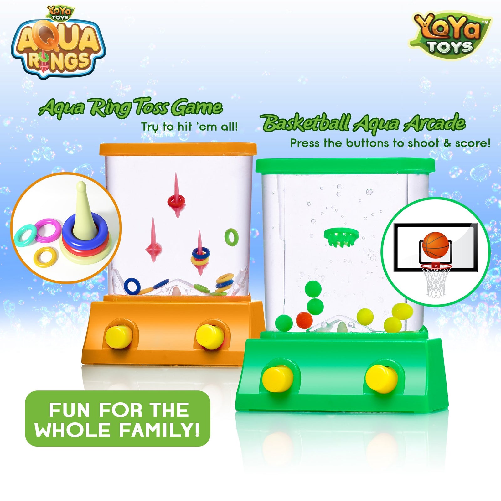Handheld Water Game by YoYa Toys - 2 Pack Set of a Fish Ring Toss and a Basketball Aqua Arcade Toy in 2 Compact Mini Retro Pastime for Kids and Adults in a Gift Box