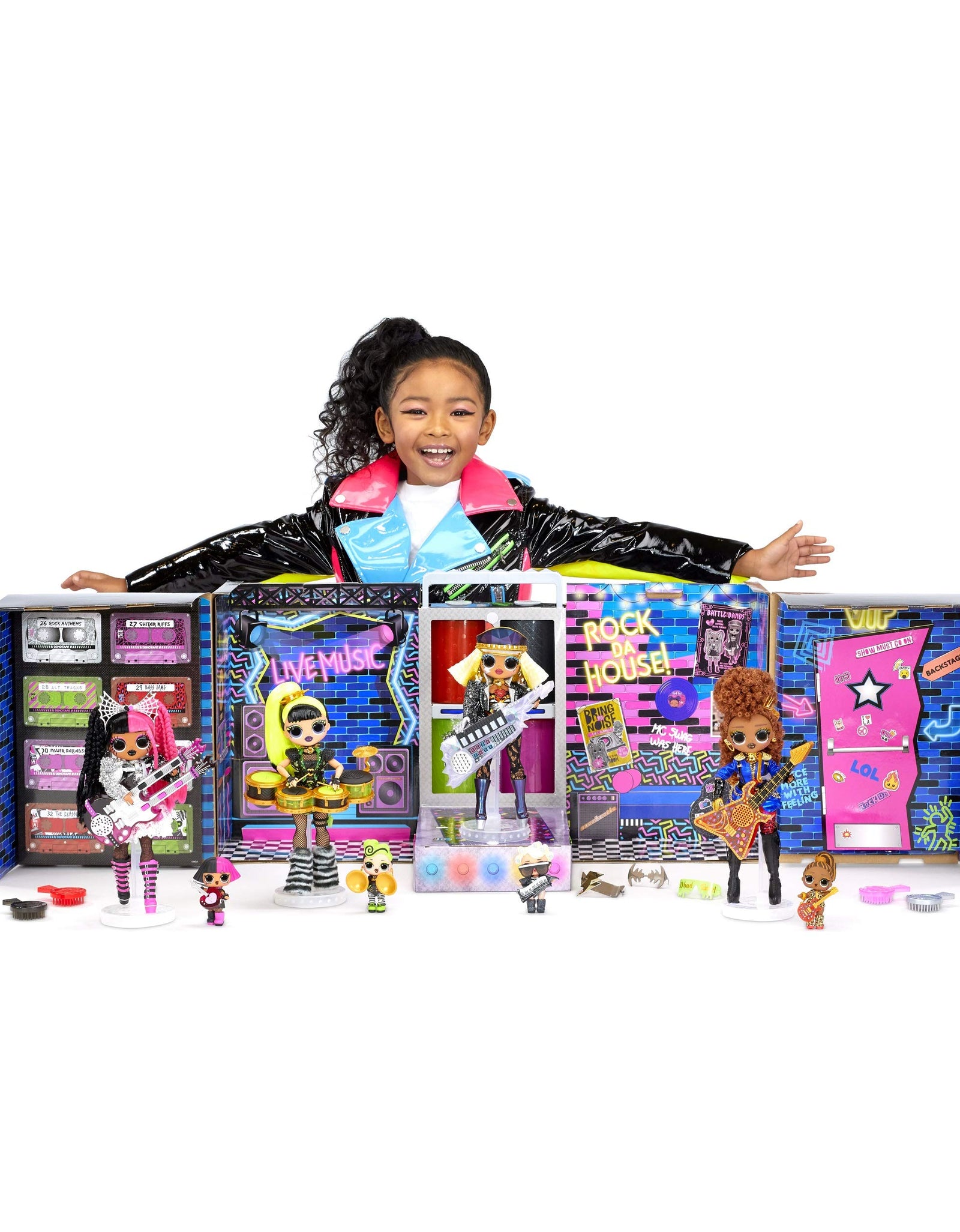 LOL Surprise OMG Remix Super Surprise with 70+ Surprises, Plays Music, 4 Fashion Dolls And 4 Dolls (Sisters), Rock Instruments, Boom Box Packaging, And Rock Band Accessories | Ages 4+