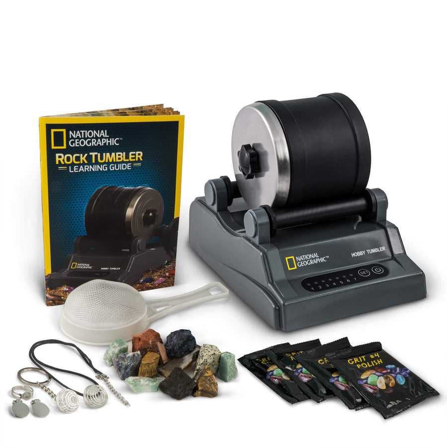 NATIONAL GEOGRAPHIC Hobby Rock Tumbler Kit - Includes Rough Gemstones, 4 Polishing Grits, Jewelry Fastenings, Learning Guide, Great Stem Science Kit