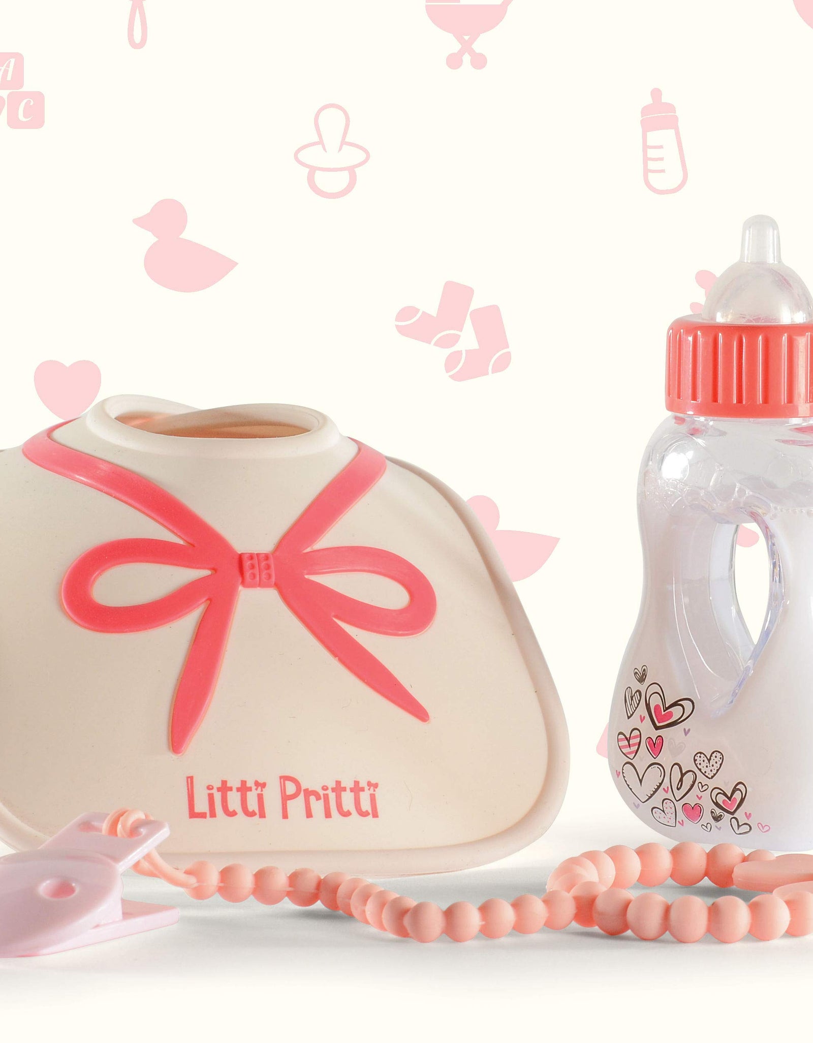 Litti Pritti Baby Doll Accessories - 9 Piece Premier Playtime Set for Baby Dolls - Diaper Bag Set Includes Fabric Diapers, Magic Bottle, Wipes & More