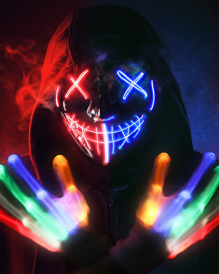 Halloween Mask Skeleton Gloves Set, 3 Modes Light Up Scary LED Mask with LED Glow Gloves , Halloween Decorations Anonymous Mask, Halloween Costumes glow purge Masks Gift for Boys Girls