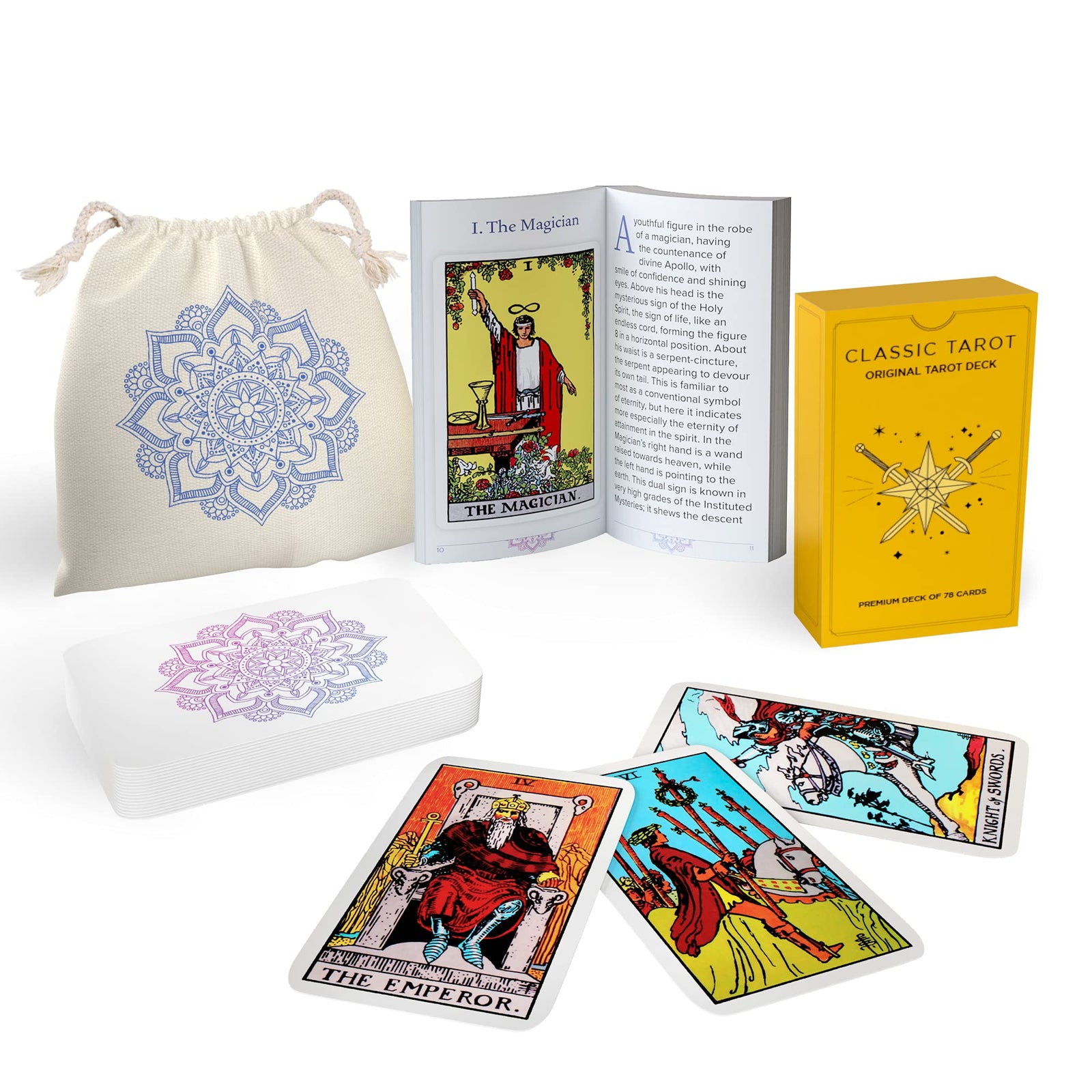 Sagesight Classic Tarot Cards Deck with Guidebook & Premium Linen Carry Bag - Original Pamela Colman Smith Artwork - Vibrant Ink & Rich Colors - Durable Tarot Cards for All Skill Levels