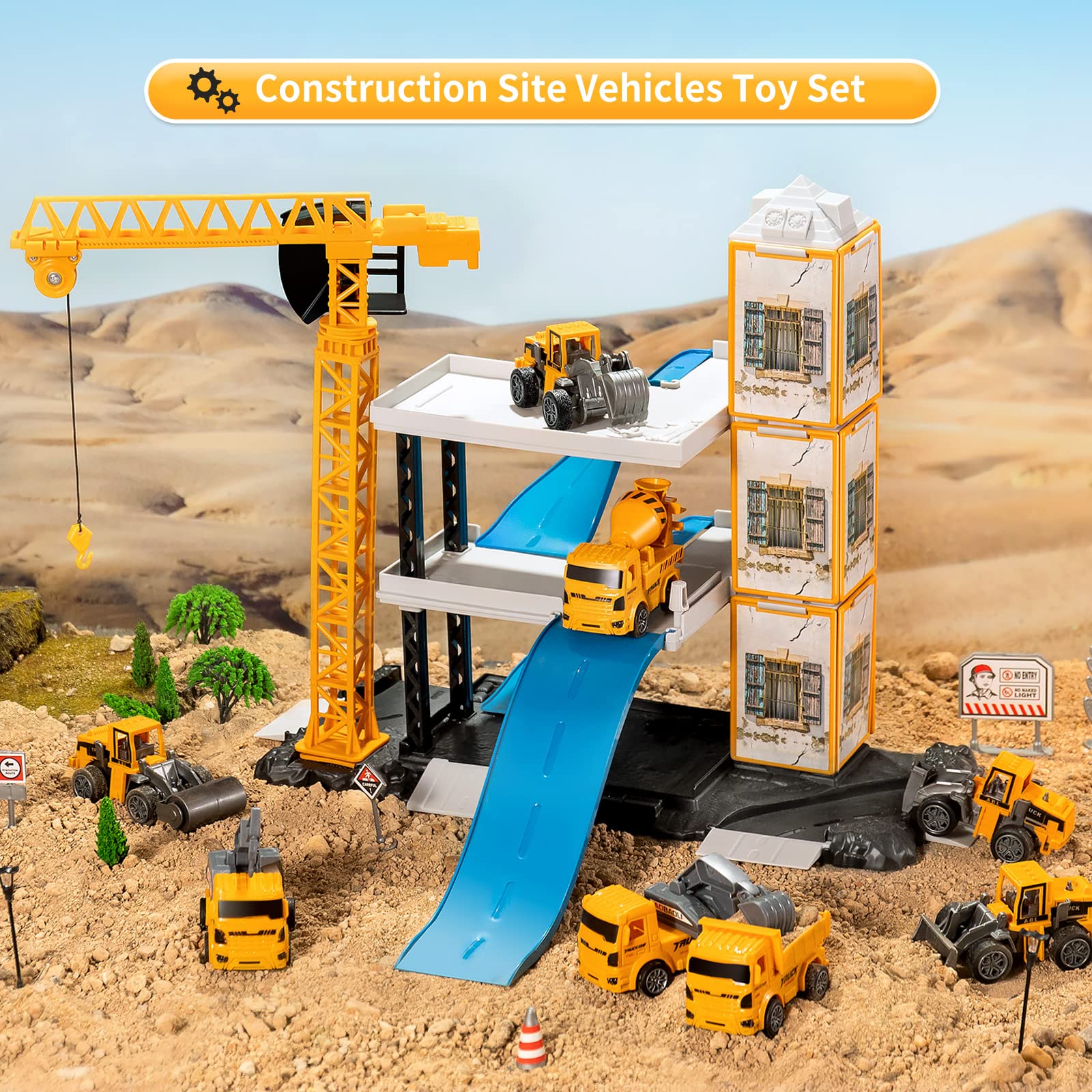 TEMI Construction Vehicles Toy for Boys, 60PCS Kids Engineering Trucks Vehicle w/ Tractor, Crane, Dump, Excavator and Map, Birthday Gift Toys for 3 4 5 6 7 Year Old Boys Children Toddlers