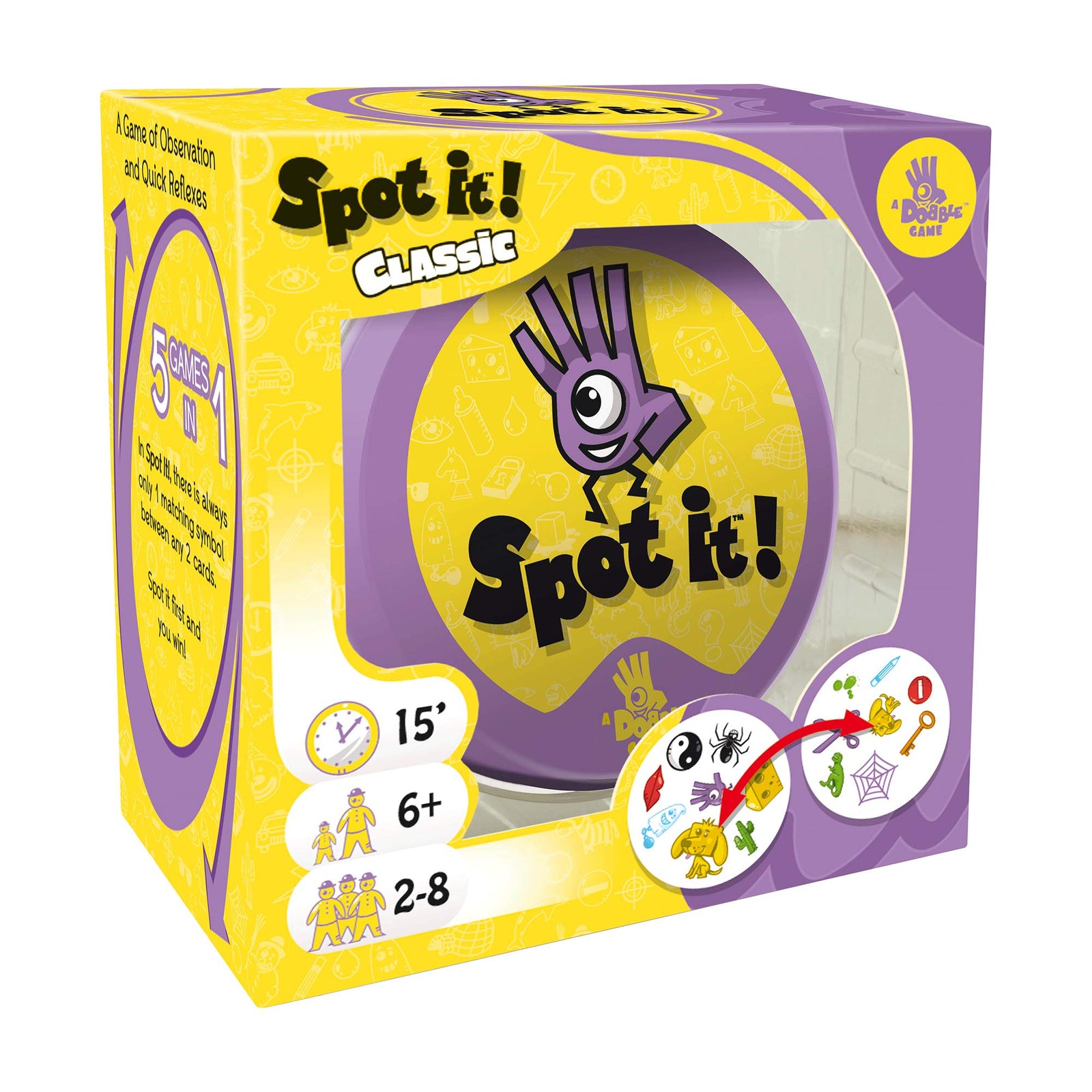 Zygomatic Spot It! Classic Card Game | Game for Kids | Age 6+ | 2 to 8 Players | Average Playtime 15 Minutes | Purple and Yellow Packaging | Made