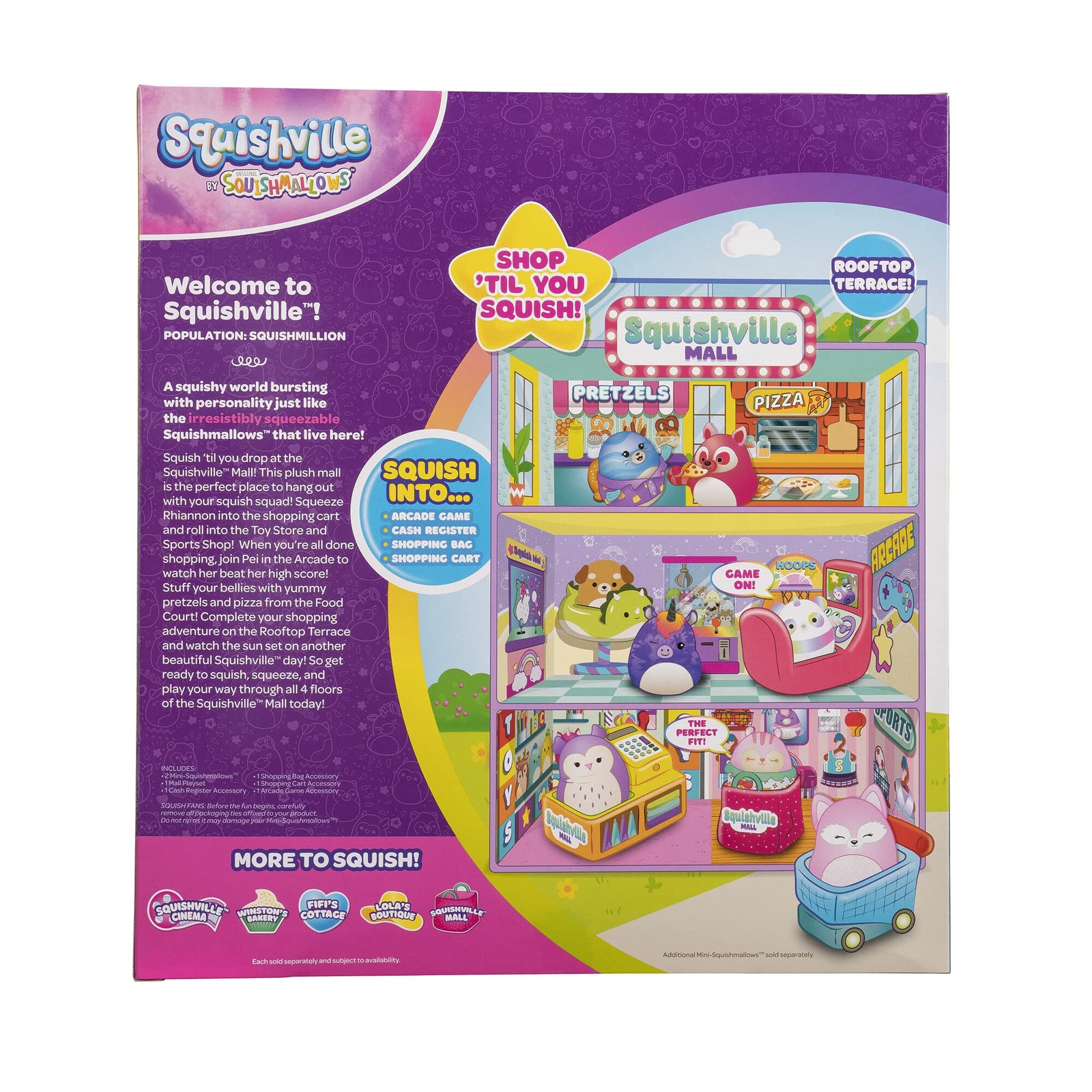 Squishville Squishmallows Mall - Two 2-Inch Mini-Squishmallows Plush Characters, Themed Play Scene, 4 Accessories (Shopping Bag, Shopping Cart, Cash Register, Arcade Machine) - Amazon Exclusive
