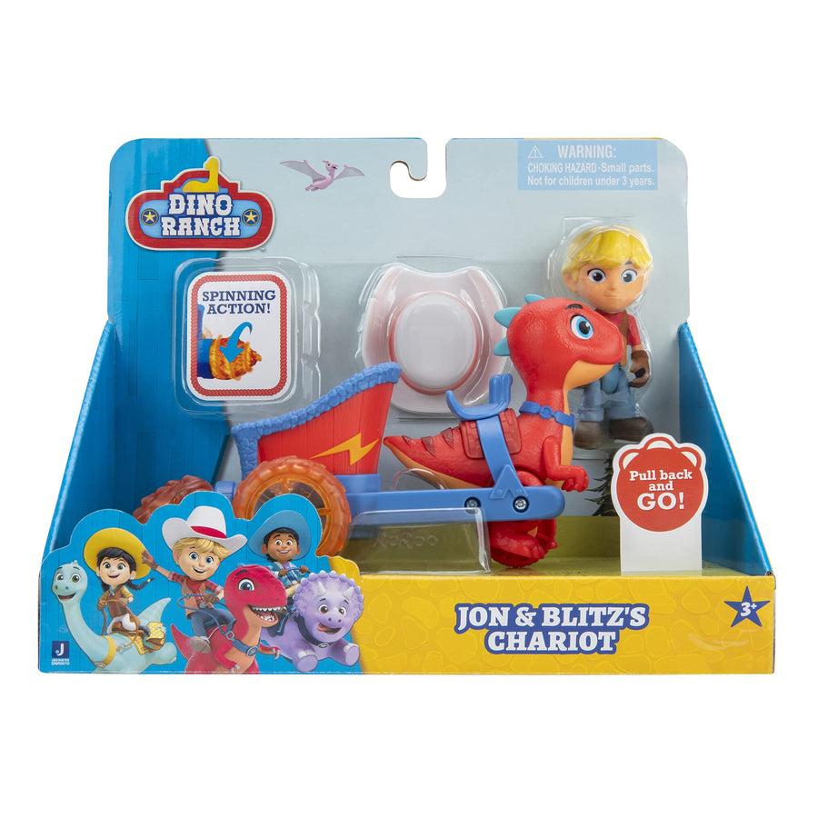 Dino Ranch Jon and Blitz Chariot Vehicle - Features Pull Back 5” Dino Blitz Chariot & 3” Dino Rancher Jon - Three Styles to Collect - Toys for Kids Featuring Your Favorite Pre-Westoric Ranchers