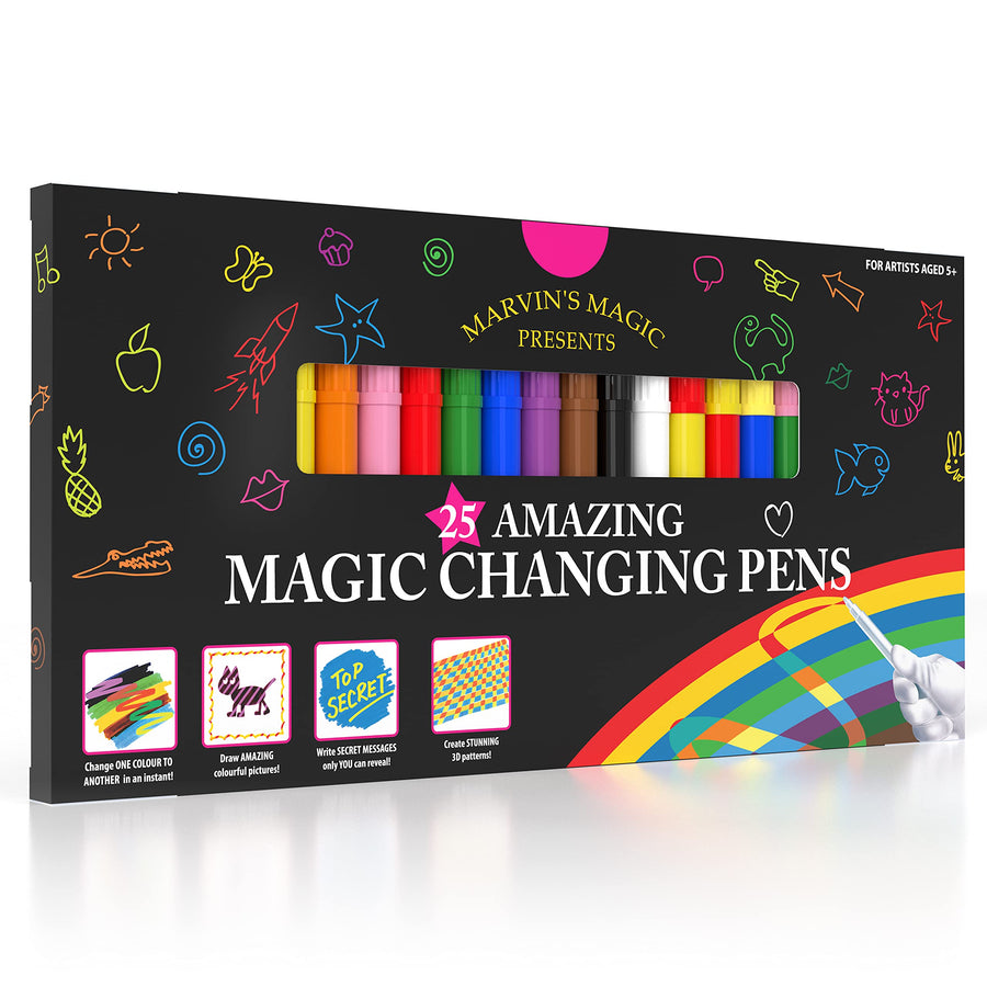 Marvin's Magic -x 25 Amazing Magic Pens - Colour Changing Magic Pen Art - Create 3D Lettering or Write Secret Messages - Includes 25 Magic Pens