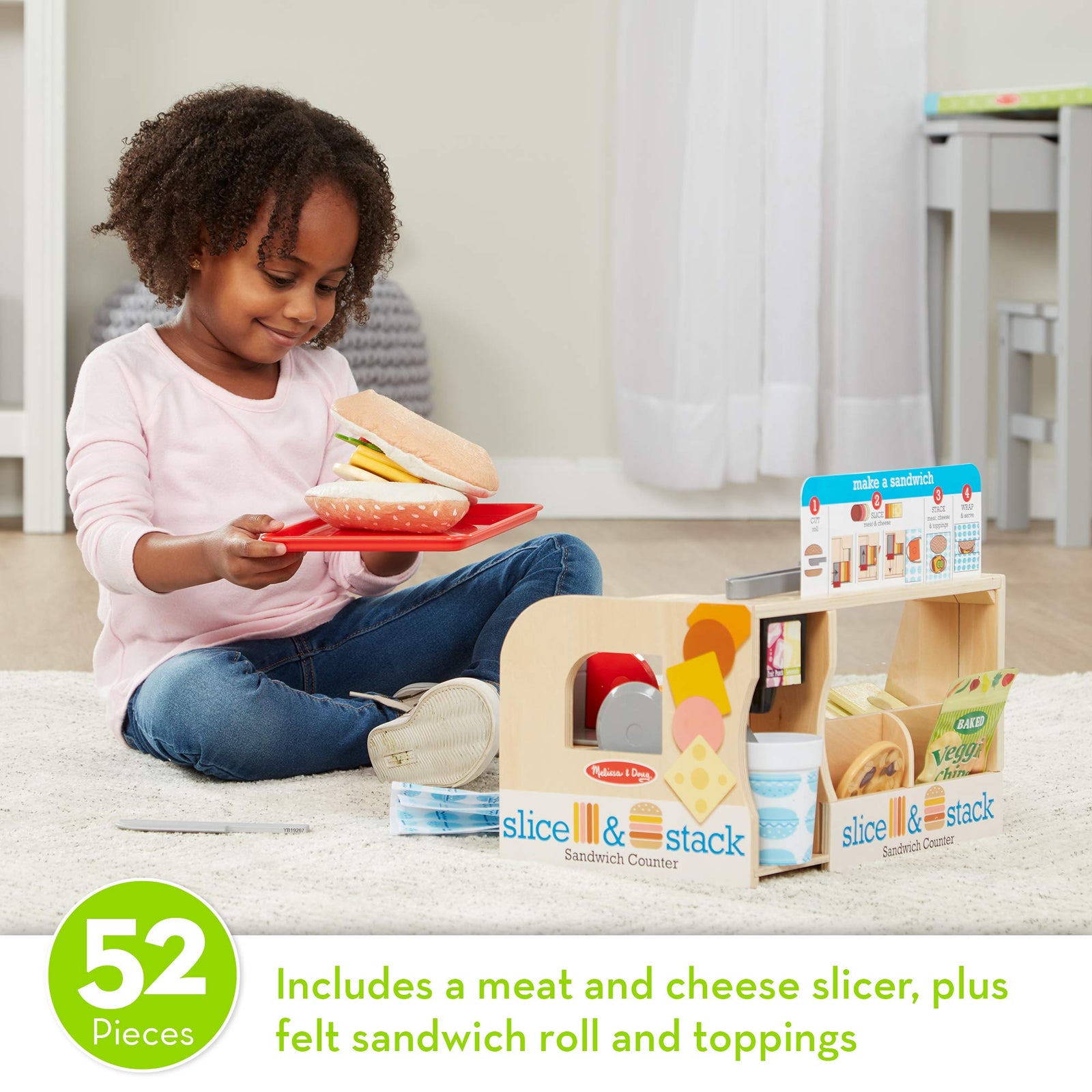 Melissa & Doug Wooden Slice & Stack Sandwich Counter with Deli Slicer – 56-Piece Pretend Play Food Pieces