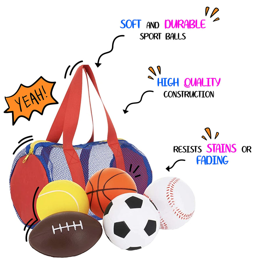 Balls for Kids, Toddler Sports Toys - Set of 5 Foam Sports Balls + Free Bag - Perfect for Small Hands to Grab - Ball Toys for Toddlers 1-3, Foam Balls for Kids - Baby Soccer Ball, Baby Sports Balls