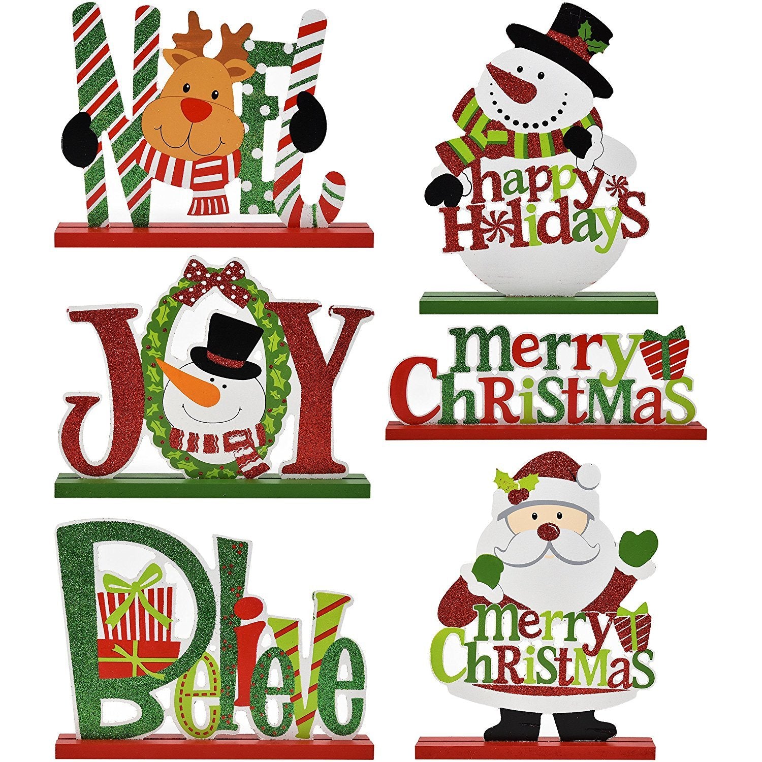 6 Christmas Table Decorations for Dinner Party Coffee Table Snowman Santa Reindeer Noel Joy Believe Merry Christmas Happy Holidays Centerpiece