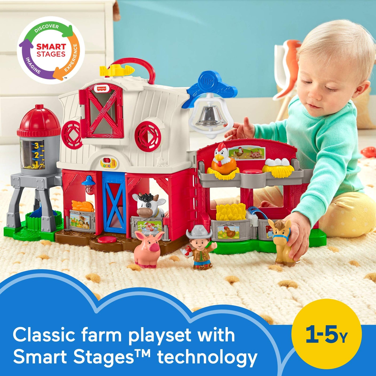 Fisher-Price Little People Caring for Animals Farm Playset with Smart Stages Learning Content for Toddlers and Preschool Kids