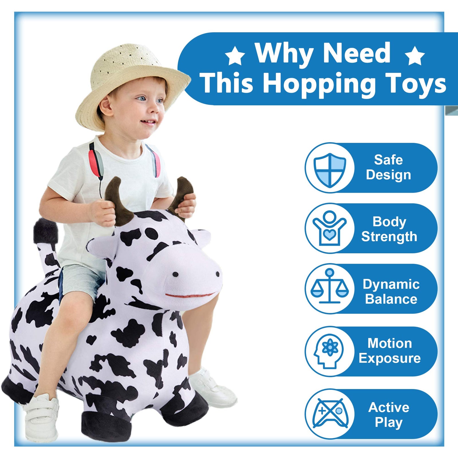 iPlay, iLearn Bouncy Pals Cow Hopping Horse, Outdoor Ride On Bouncy Animal Play Toys, Inflatable Hopper Plush Covered with Pump, Activities Gift for 18 Months 2 3 4 5 Year Old Kids Toddlers Boys Girls