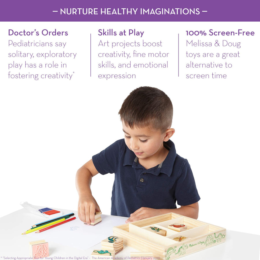Melissa & Doug Wooden Stamp Set: Dinosaurs - 8 Stamps, 5 Colored Pencils, 2-Color Stamp Pad