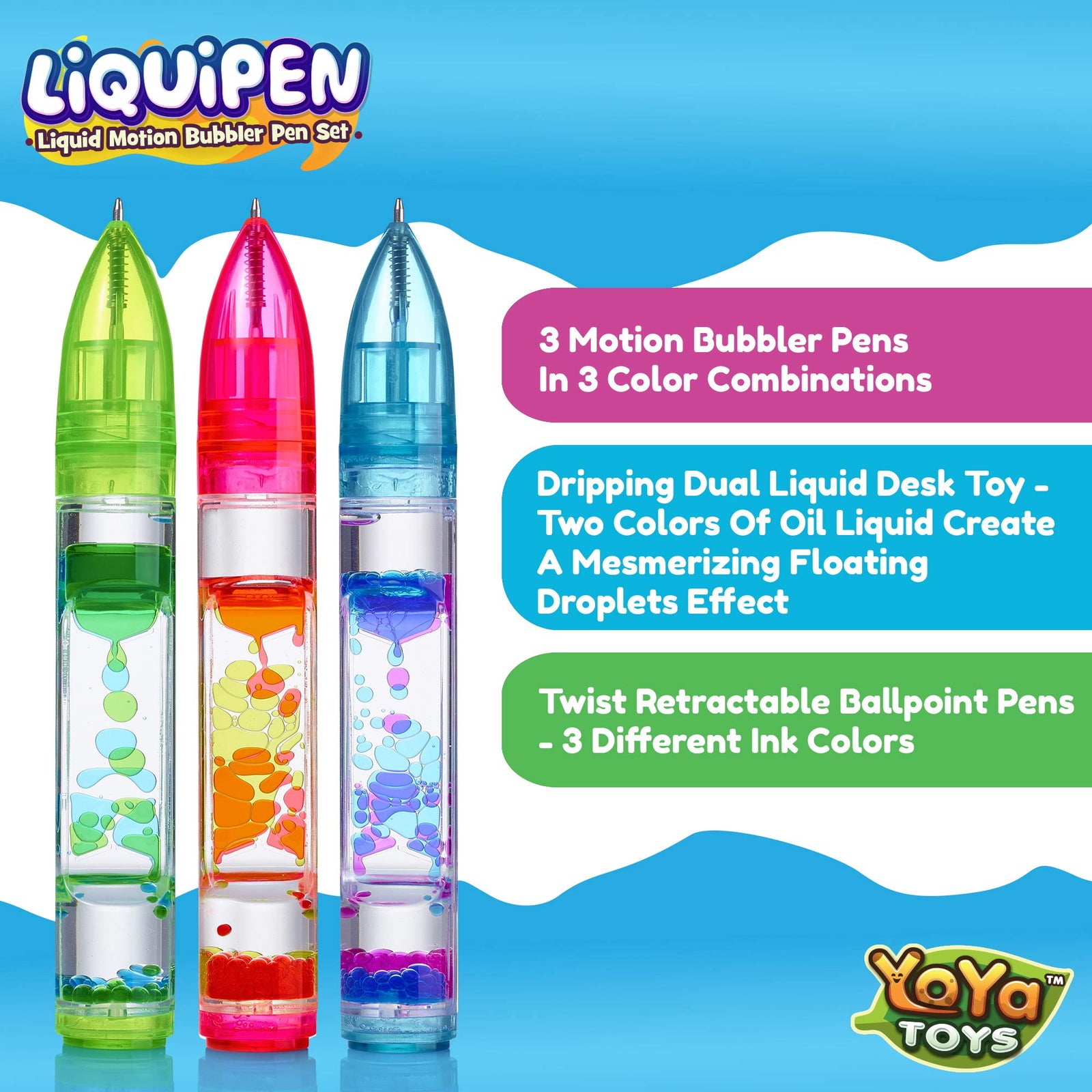 YoYa Toys Liquipen - Liquid Motion Bubbler Pens Sensory Toy (3 Pack) - Writes Like a Regular Pen - Colorful Liquid Timer Pens Great for Stress and Anxiety Relief - Cool Fidget Toys for Kids and Adults