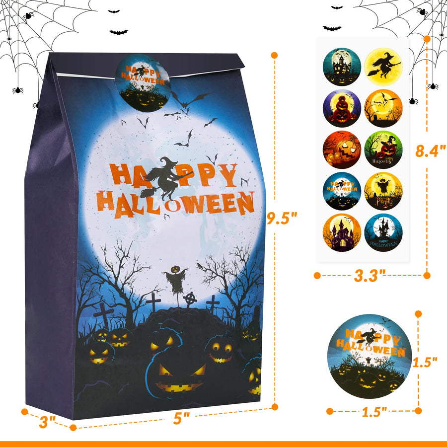 Halloween Goodie Bags, 50PCS Paper Treat Bags with Stickers, 10-Styles Halloween Candy Bags, Halloween Gift Bags for Kids, Trick or Treat Bags for Candies, Snacks