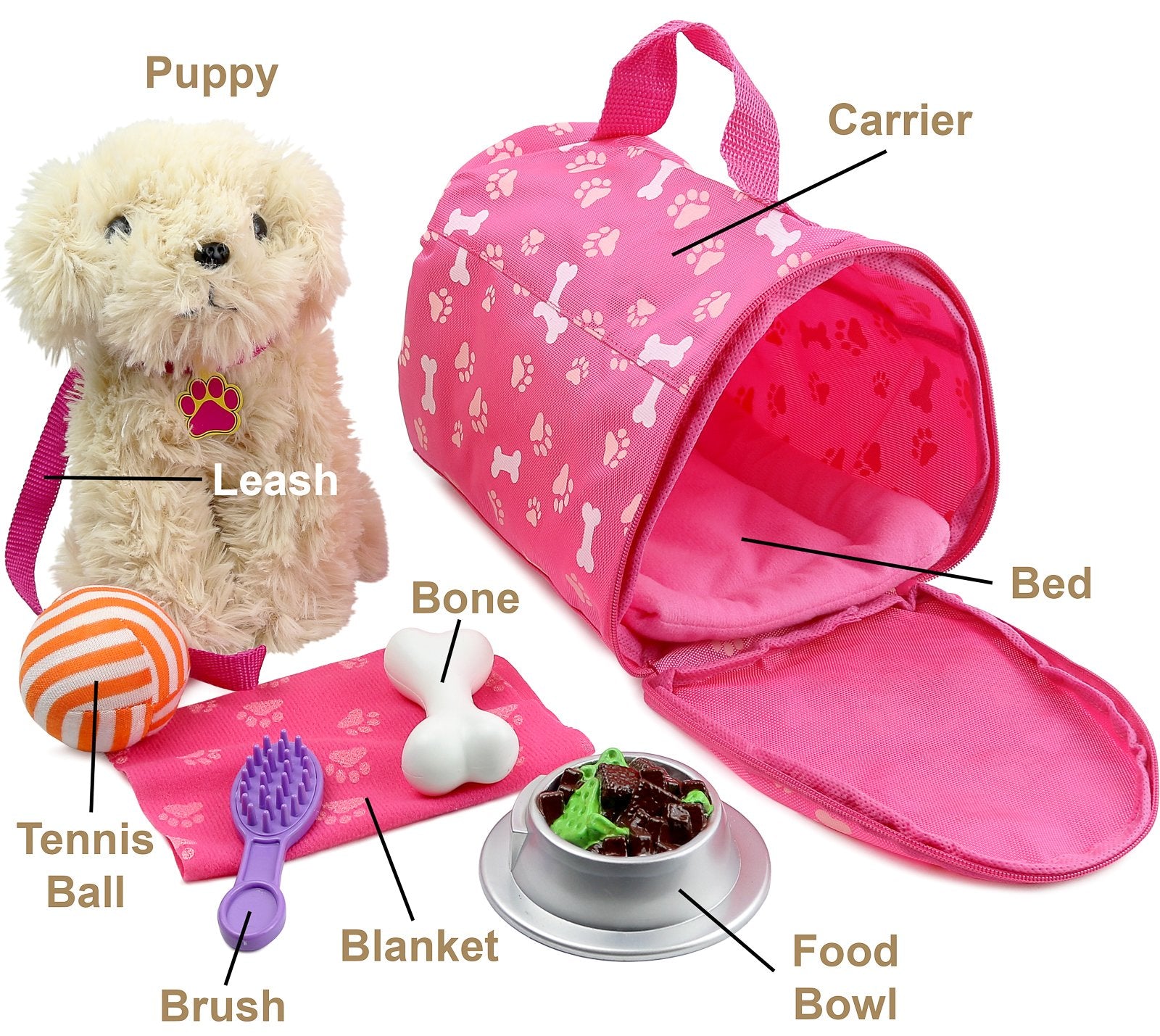 Click N' PLAY 9 piece Doll Puppy Set and Accessories. Perfect For 18 inch American Girl Dolls