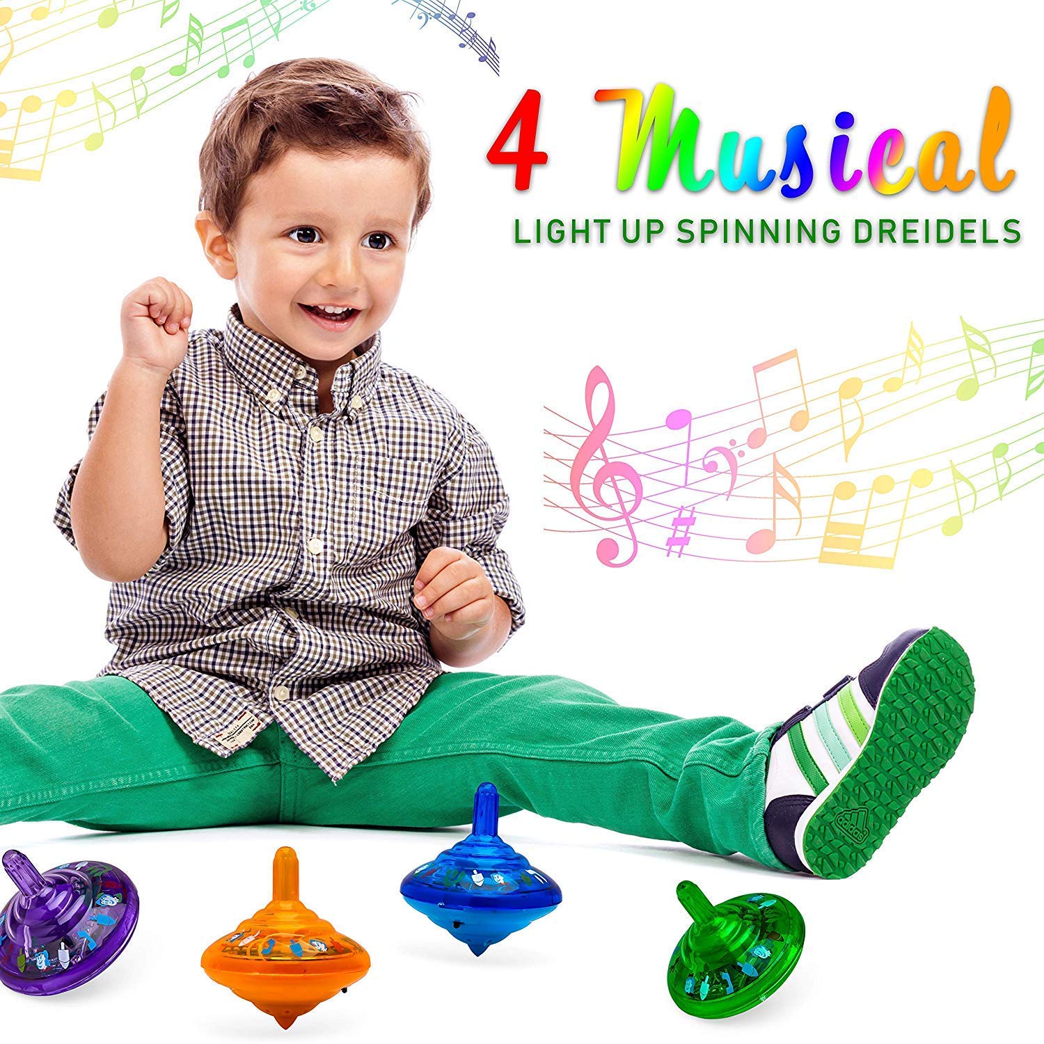 Hanukkah Musical Light-Up Dreidel Spinning Tops Set, Plays 2 Classic Hanukkah Songs, Assorted Colors (2-Pack)