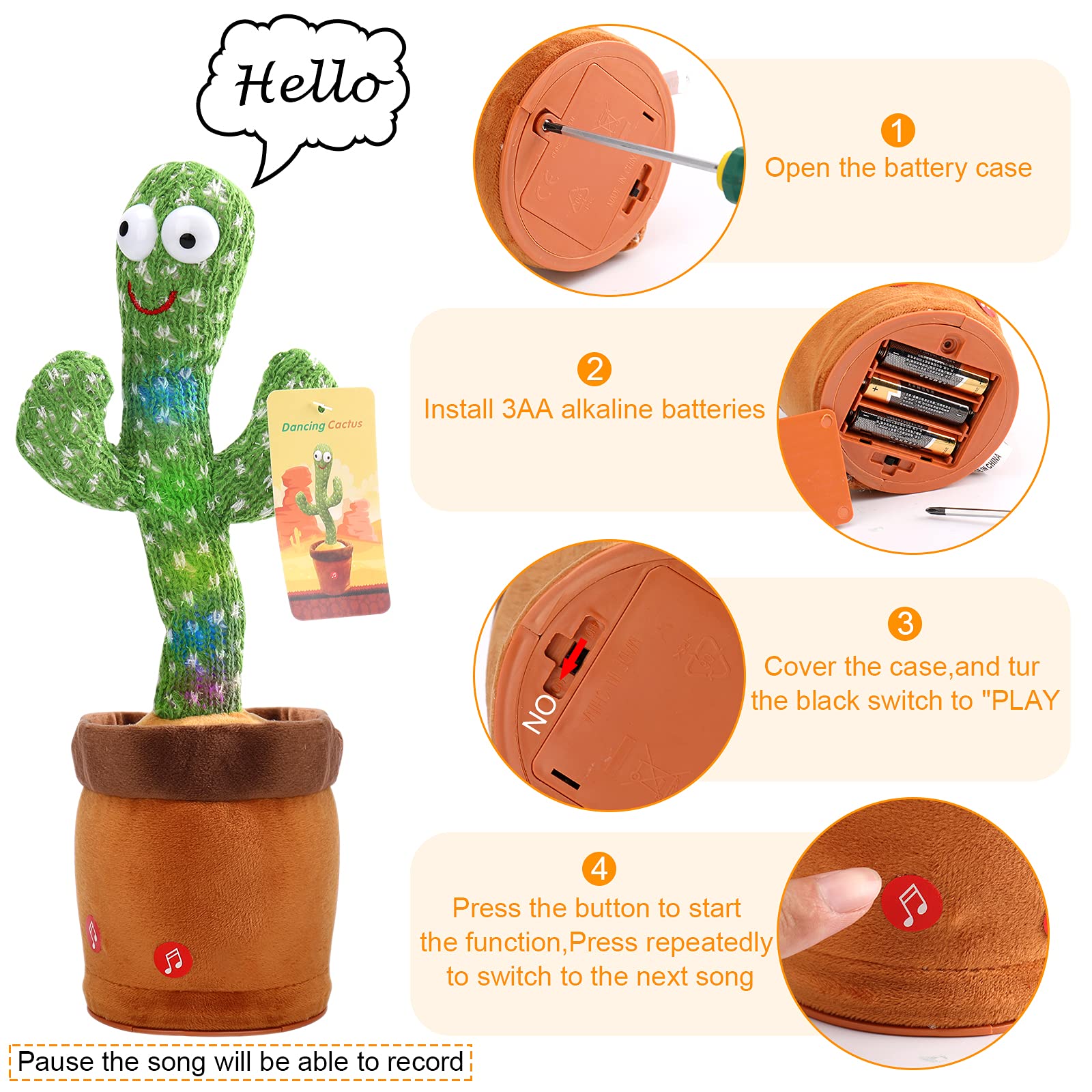 Emoin Tiktok Dancing Cactus Repeat, Talking Dancing Cactus Toy, Repeat+Recording+Dance+Sing, Wriggle Dancing Cactus Repeat What You Say and Sing Electronic Cactus Toy Decor for Kids Adult - 120 Songs