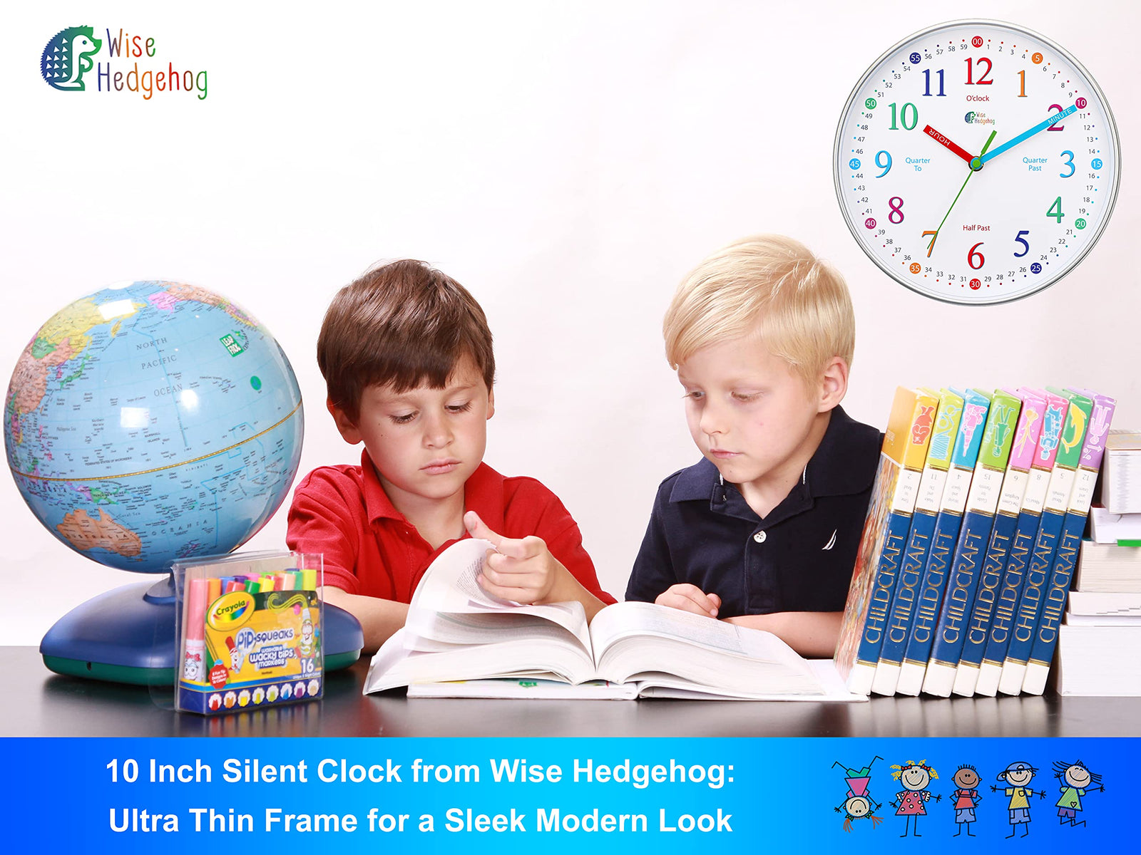 Wise Hedgehog Telling Time Teaching Clock, Silent Non Ticking Analog Battery Operated Learning Clock for Kids, Perfect Room & Wall Decor for School Classrooms, Playrooms and Kids Bedrooms