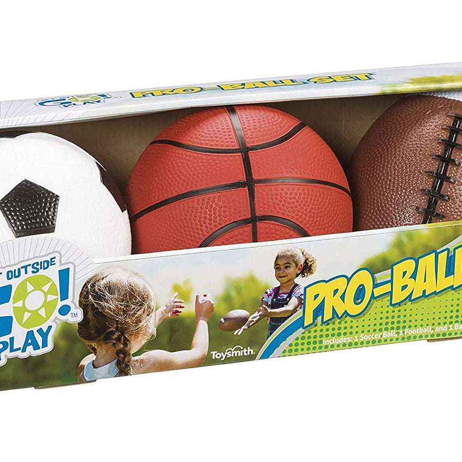 Toysmith Get Outside GO! Pro-Ball Set, Pack of 3 (5-inch soccer ball,6.5-inch football and 5-inch basketball)