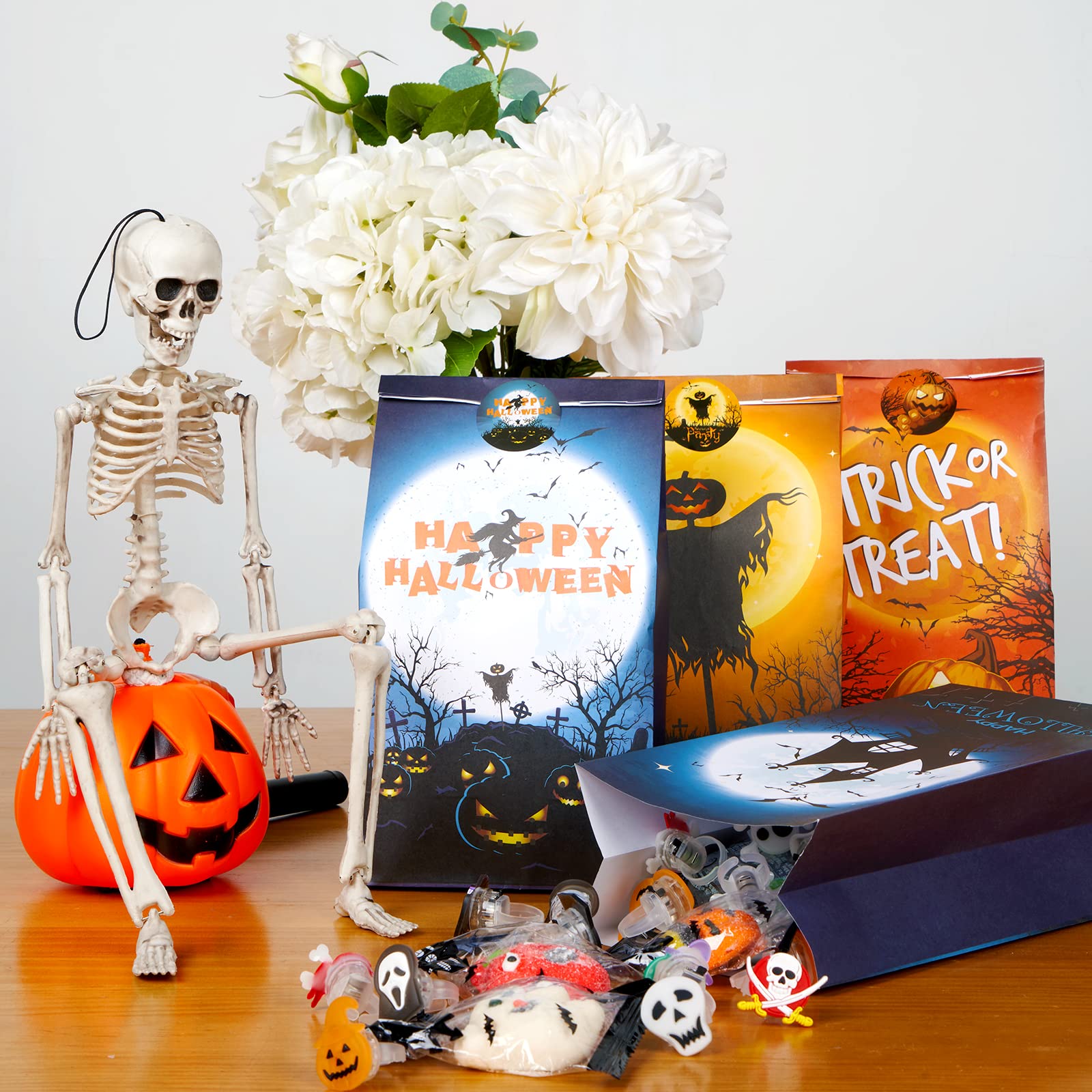 Halloween Goodie Bags, 50PCS Paper Treat Bags with Stickers, 10-Styles Halloween Candy Bags, Halloween Gift Bags for Kids, Trick or Treat Bags for Candies, Snacks