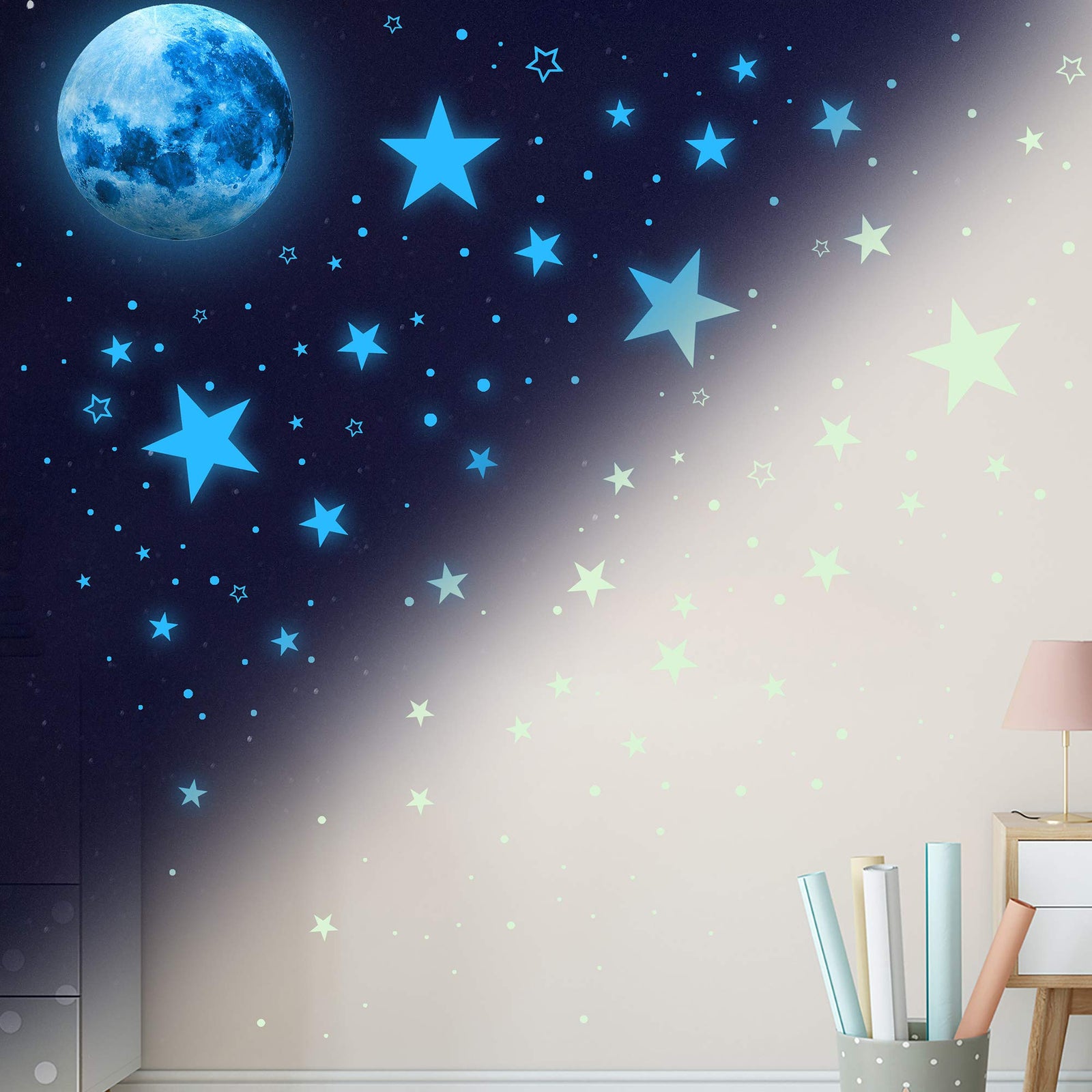 Glow in The Dark Stars for Ceiling,Glow in The Dark Stars and Moon Wall Decals, 1108 Pcs Ceiling Stars Glow in The Dark Kids Wall Decors, Perfect for Kids Nursery Bedroom Living Room(Sky Blue) (Sky Blue)