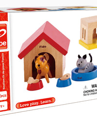Family Pets Wooden Dollhouse Animal Set by Hape | Complete Your Wooden Dolls House with Happy Dog, Cat, Bunny Pet Set with Complimentary Houses and Food Bowls
