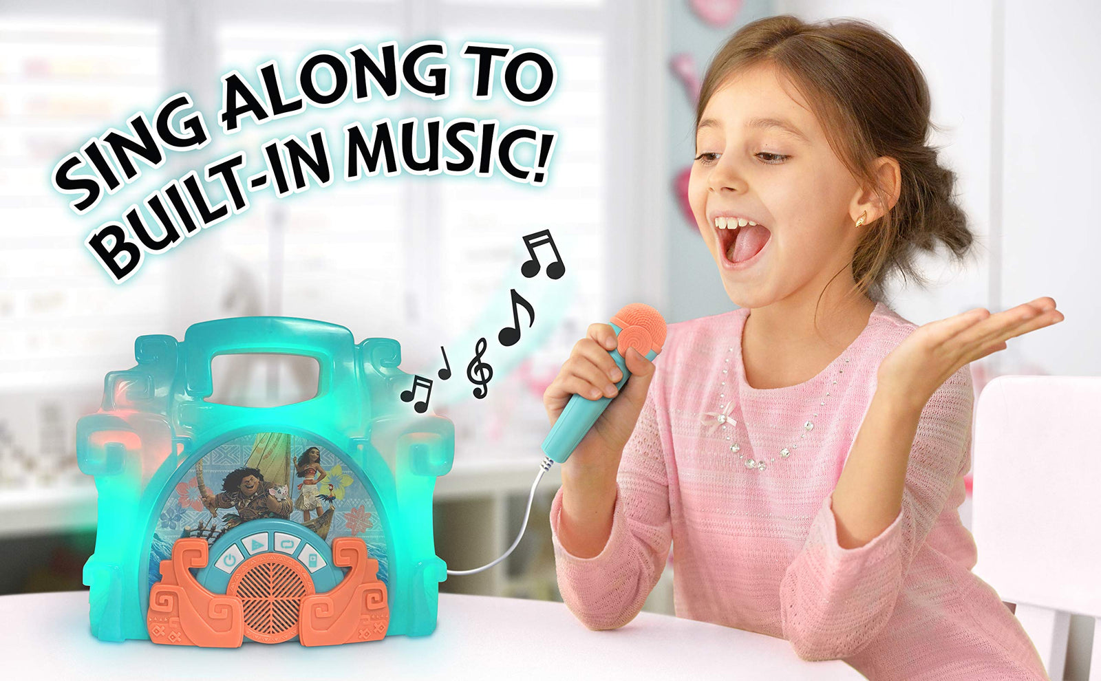 eKids Moana Sing Along Boom box Speaker with Microphone For Fans of Moana Toys, Kids Karaoke Machine with Built in Music and Flashing Lights , Montana