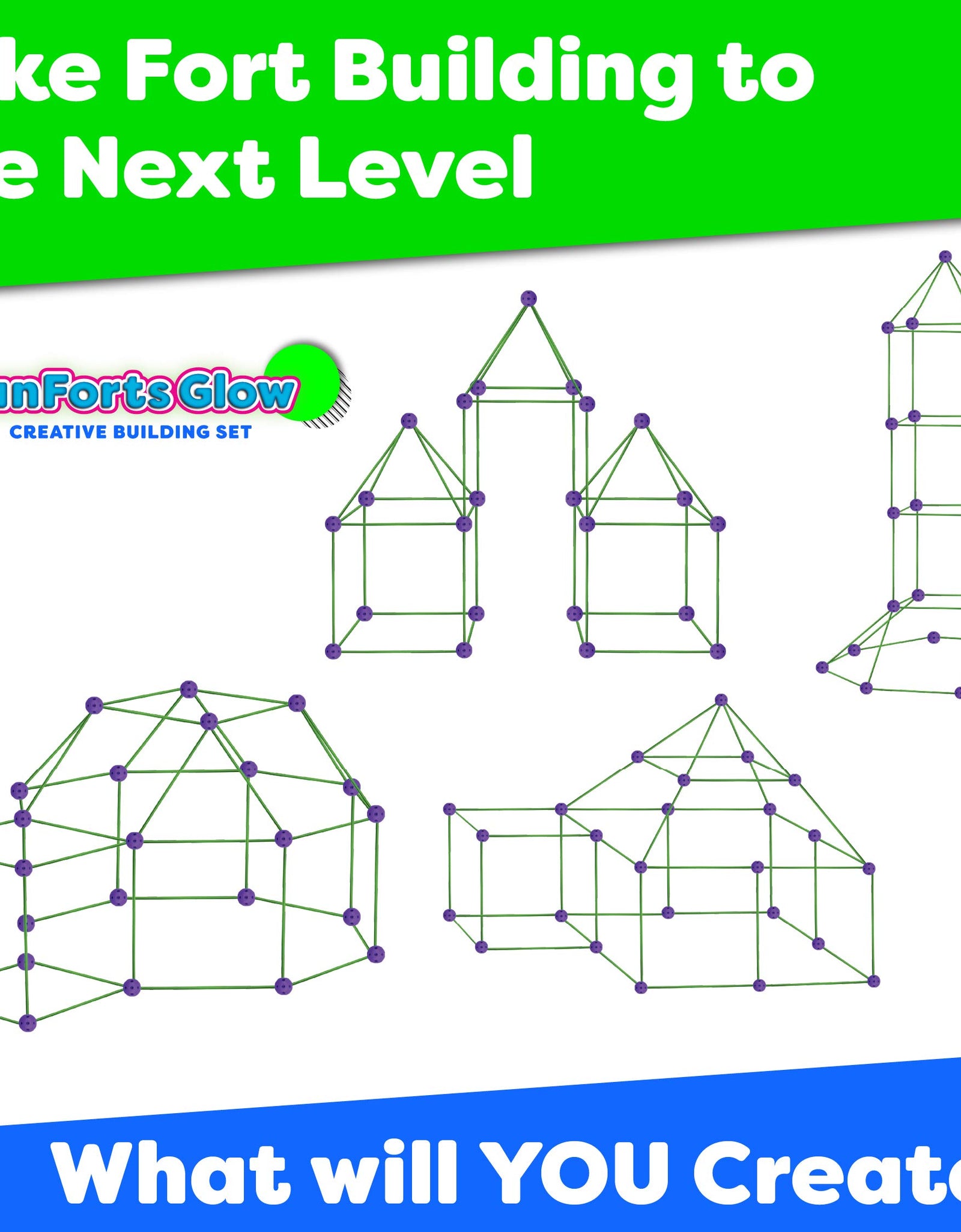 POWER YOUR FUN Fun Forts Glow Fort Building Kit for Kids - 81 Pack Glow in the Dark STEM Building Toys Indoor Outdoor Play Tent for Kids Construction Toys with 53 Rods and 28 Spheres
