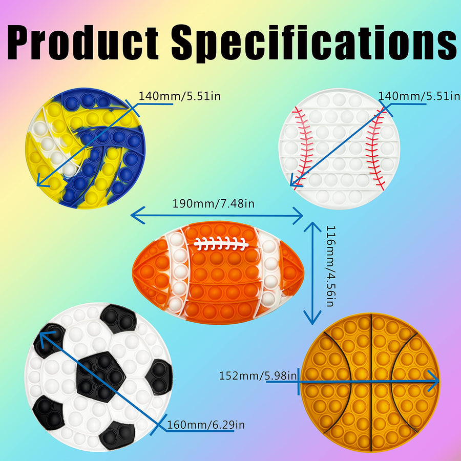 5 Pack Pop Bubble Sensory Fidget Toy ,Rugby Football Basketball Baseball Volleyball Push Toys, Stress Reliever Silicone Toys,Antistress Toys for Kids Adults