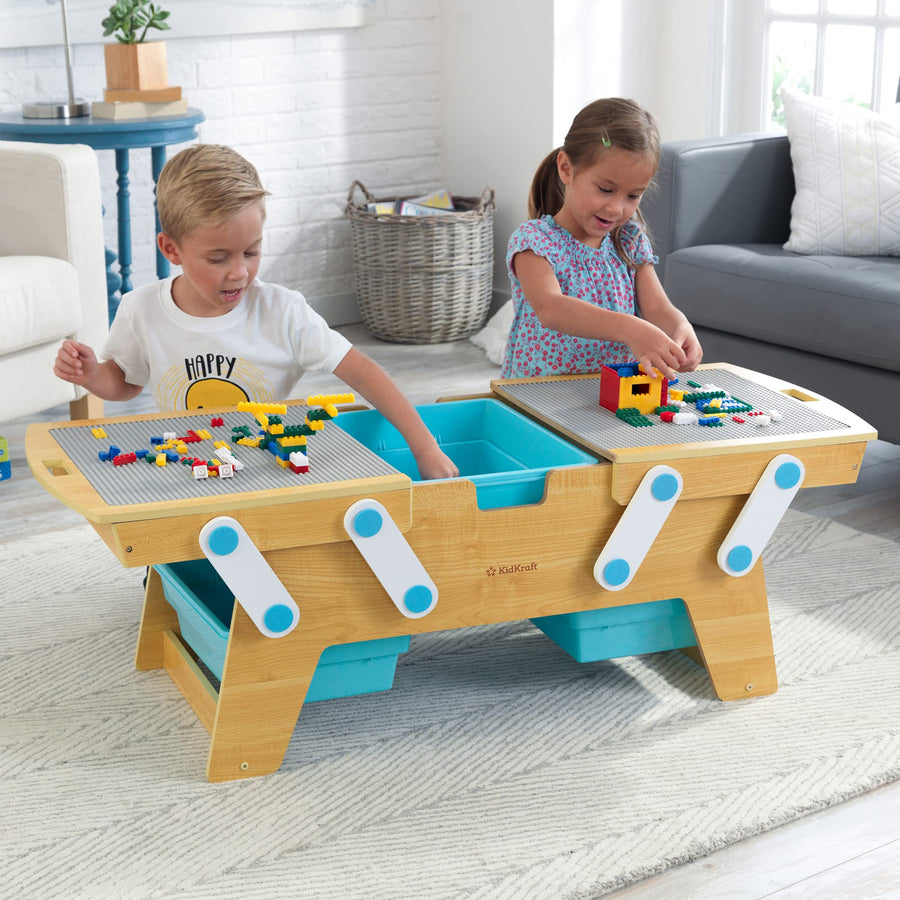 KidKraft Building Bricks Play N Store Wooden Table, Children's Toy Storage with Bins, 200+ Building Blocks Included, Natural, Gift for Ages 3+