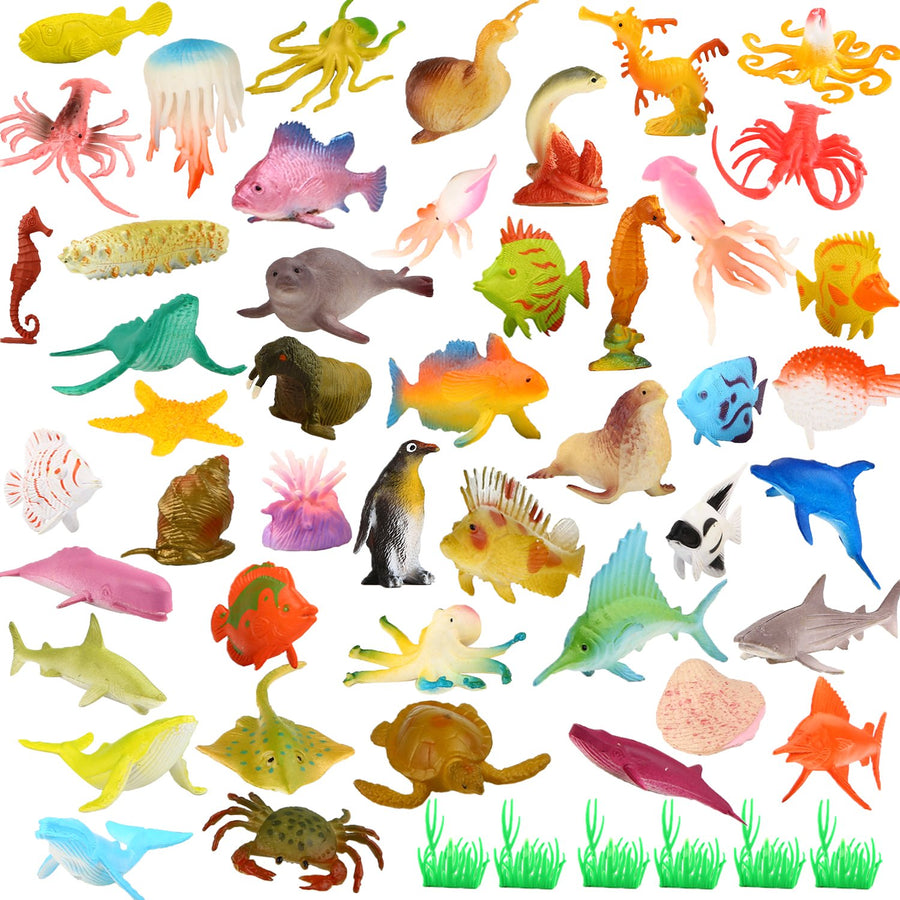 Ocean Sea Animal, 52 Pack Assorted Mini Vinyl Plastic Animal Toy Set, Funcorn Toys Realistic Under The Sea Life Figure Bath Toy for Child Educational Party Cake Cupcake Topper,Octopus Shark Otter