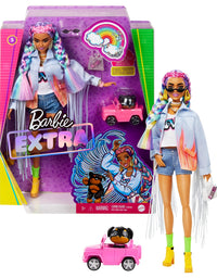 Barbie Extra Doll #5 in Long-Fringe Denim Jacket with Pet Puppy, Rainbow Braids, Layered Outfit & Accessories Including Car for Pet, Multiple Flexible Joints, Gift for Kids 3 Years Old & Up, 12 inch
