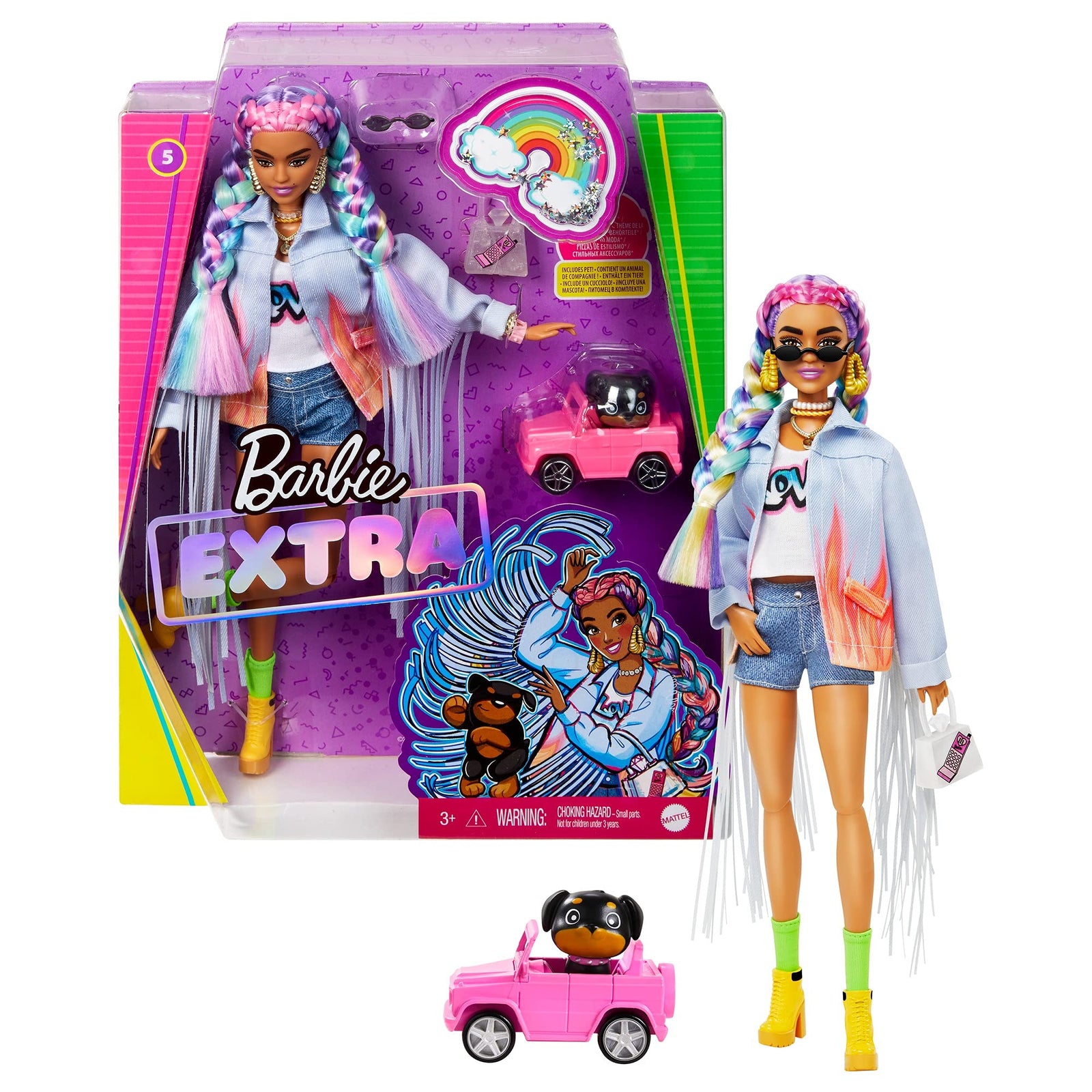 Barbie Extra Doll #5 in Long-Fringe Denim Jacket with Pet Puppy, Rainbow Braids, Layered Outfit & Accessories Including Car for Pet, Multiple Flexible Joints, Gift for Kids 3 Years Old & Up, 12 inch