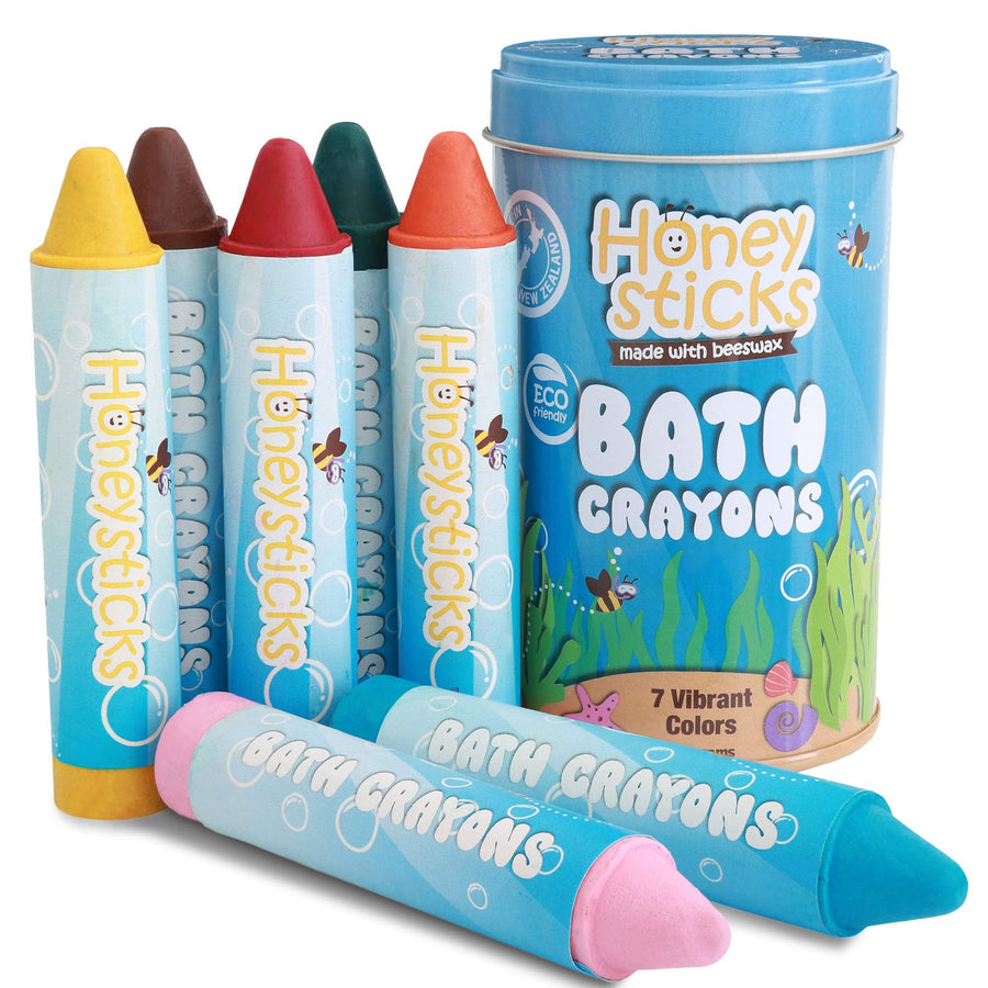 Honeysticks Bath Crayons for Toddlers & Kids - Handmade from Natural Beeswax for Non Toxic Bathtub Fun - Fragrance Free, Non-Irritating Bath Toys - Bright Colors and Easy to Hold - Washable - 7 Pack