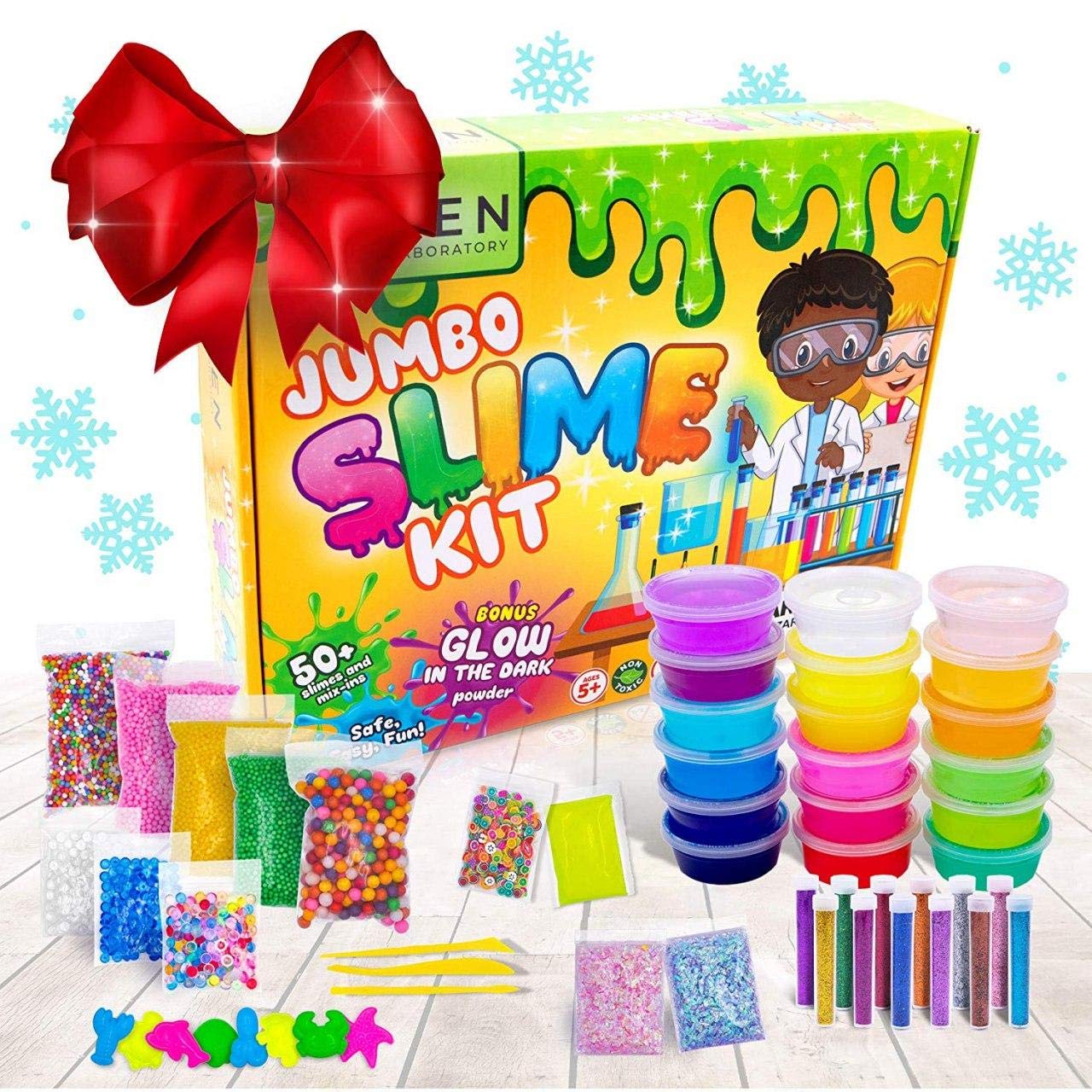 Slime Kit DIY Toy Stocking Stuffer Fidget Gift for Kids Girls Boys Ages 5-12, Glow in Dark Glitter Slime Making Kit - Figit Supplies w Foam Beads Balls, 18 Mystery Box Containers filled Crystal Powder