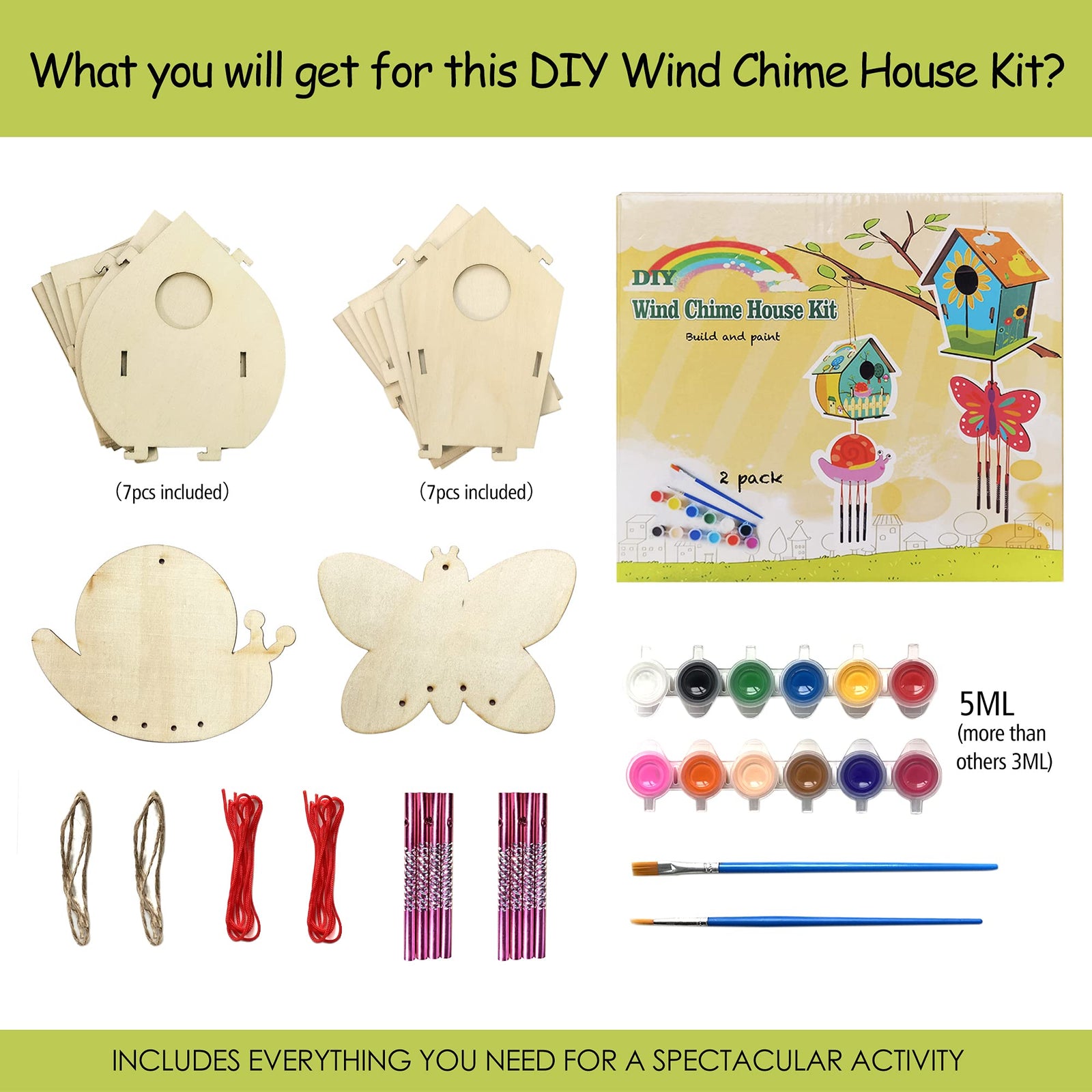 HOME COMPOSER 4 Pack DIY Bird House Wind Chime Kits for Children to Build and Paint, Wooden Arts and Crafts for Kids Girls Boys Toddlers Ages 8-12 4-6 6-8, Paint Kit Includes Paints & Brushes