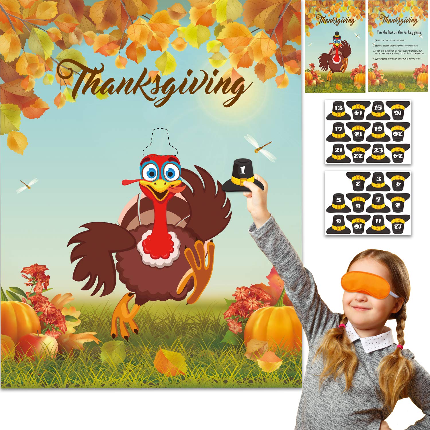 GEGEWOO Pin the Hat on the Turkey Thanksgiving Party Game Thanksgiving Games Festive Fall Party for Kids Thanksgiving Turkey Pin Game with Reusable Stickers Turkey Party Supplies Activities