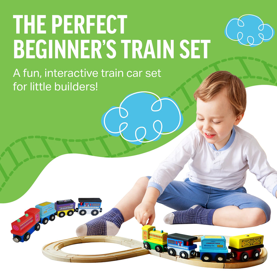 Tiny Conductors 12 Wooden Train Cars, 1 Bonus Crane, 4 Bonus Connectors, Locomotive Tank Engines and Wagons for Toy Train Tracks, Compatible with Thomas Wood Toy Railroad Set (Trains)