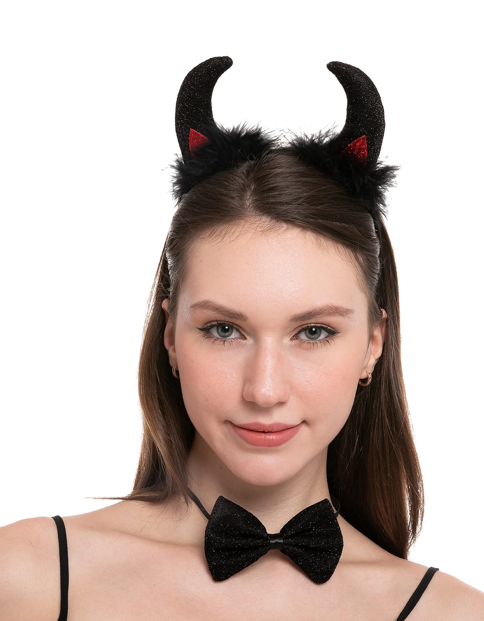 Spooktacular Creations 4 Pcs Halloween Devil Costume Set Demon Costume with Black Devil Horn Headband, Devil Pitchfork, Bow Tie, and Tail for Halloween Cosplay Party Accessories