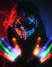 Halloween Mask Skeleton Gloves Set, 3 Modes Light Up Scary LED Mask with LED Glow Gloves , Halloween Decorations Anonymous Mask, Halloween Costumes glow purge Masks Gift for Boys Girls
